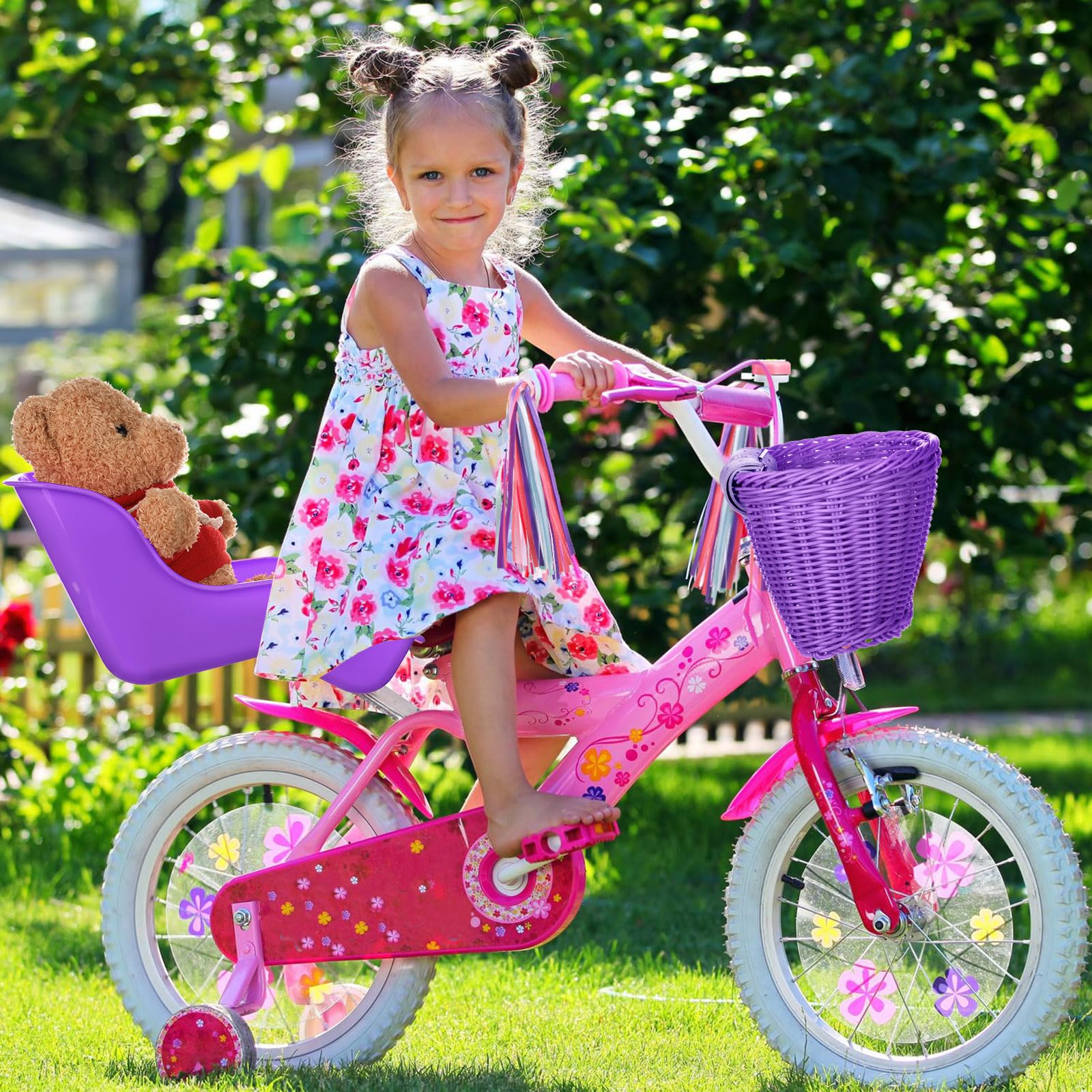 Asiento de bicicleta para muñeca con 30 calcomanías, cesta de bicicleta para niños, manillar de bicicleta, cintas coloridas, borla, margarita, campana de bicicleta para niñas, niños, 6