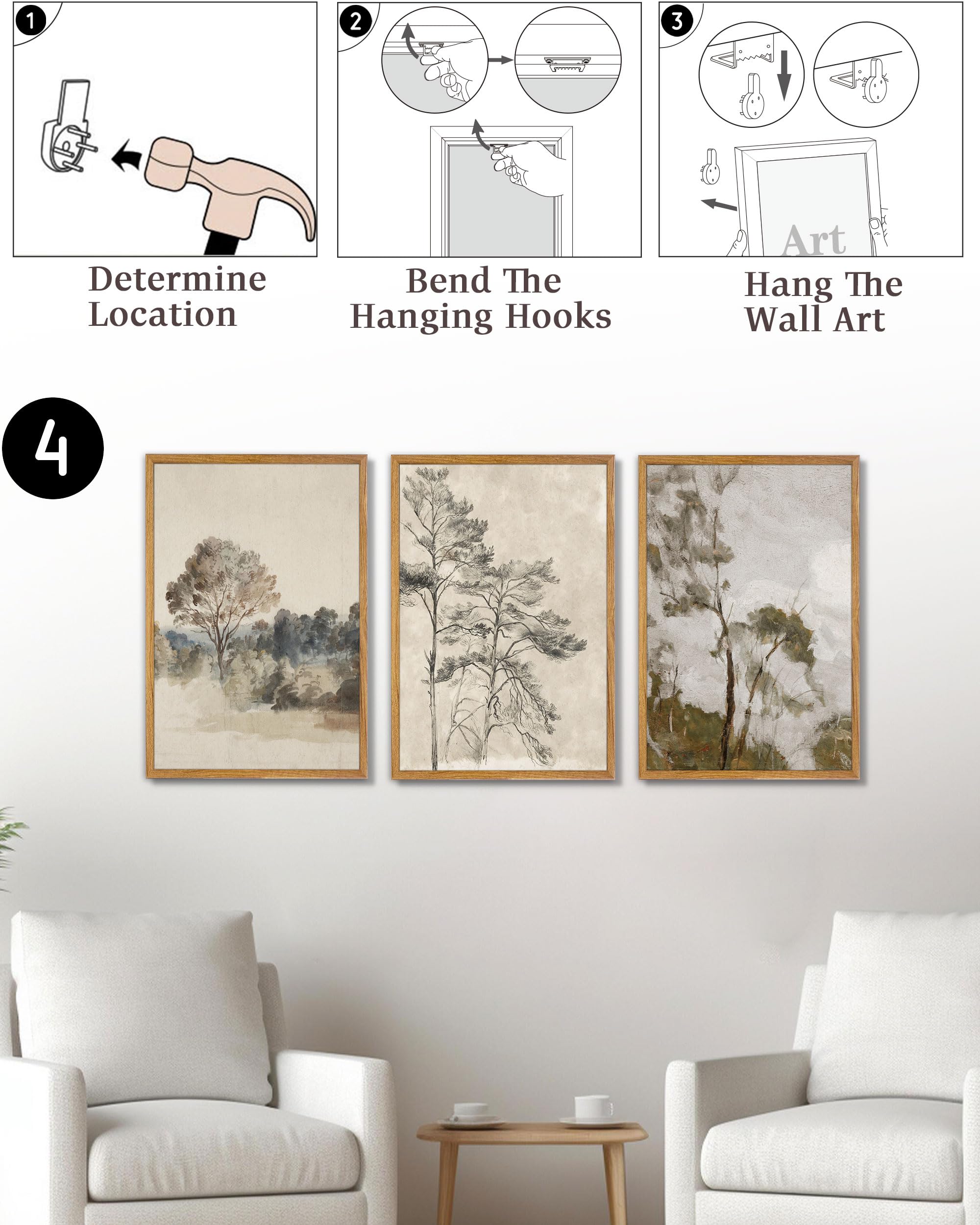 UPWOIGH Großes Wandkunst-Set, gerahmt, neutrale Landschaftsdrucke, Vintage-Baum-Poster, Dekoration für Wohnzimmer, Schlafzimmer, Büro, Bauernhaus, ästhetisch, Baumwoll-Leinwand, Geschenk, 3 Stück