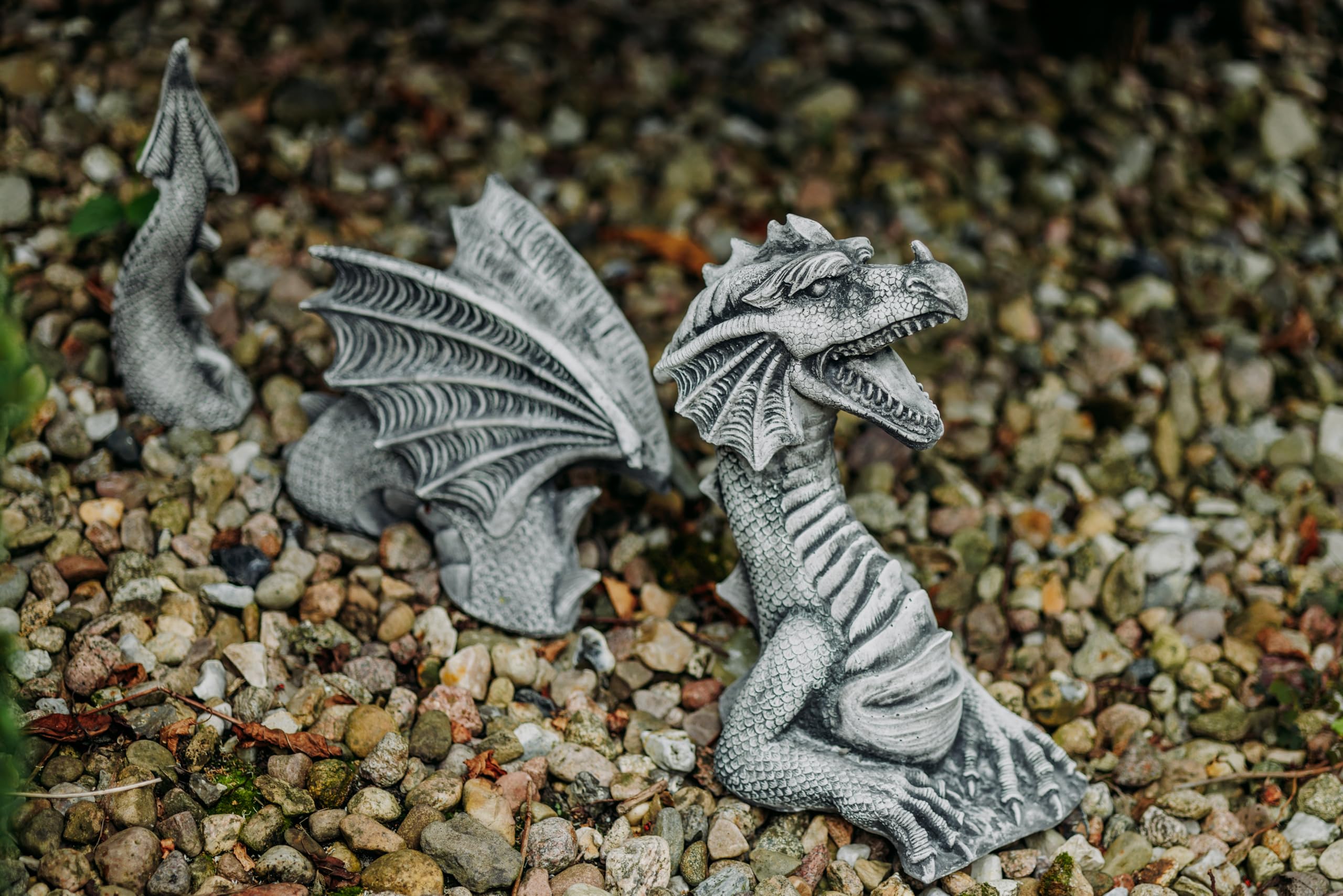 gartendekoparadies.de 3-teiliger Drache, Steinfigur, H. 35 cm, 11 kg, Grau, frostsicher aus Steinguss für Außenbereich