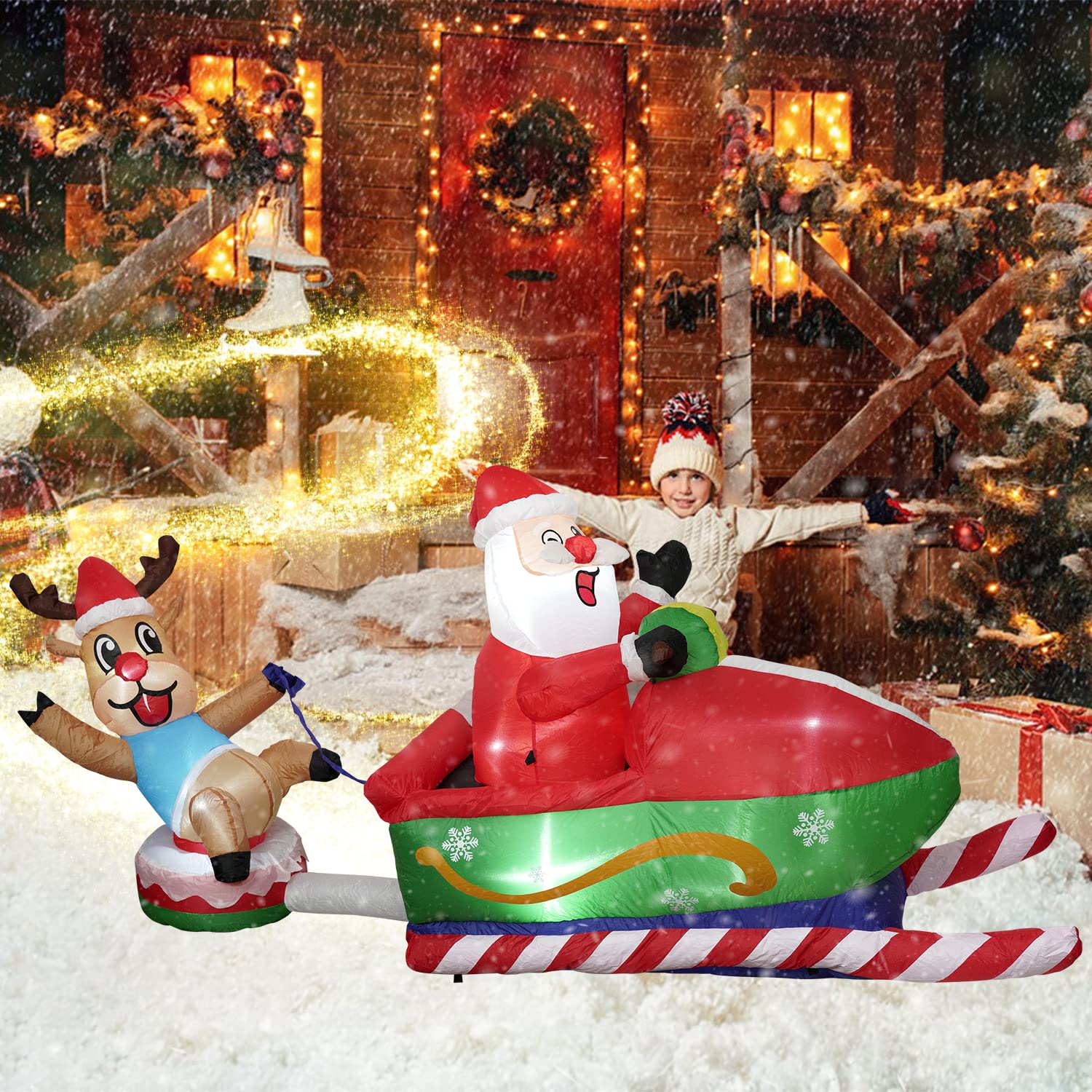 8フィート クリスマス インフレータブル サンタクロース 屋外装飾 庭用 爆破 サンタ装飾 大きなギフトバッグ付き LEDライト内蔵 庭/パティオ  芝生/ホーム/インドア 冬 ホリデーパーティー IP44防水 Qobvoeh クリスマスデコレーションサンタクロースインフレータブルブローアップ人形インフレータブル店舗、遊園地、屋内および屋外で