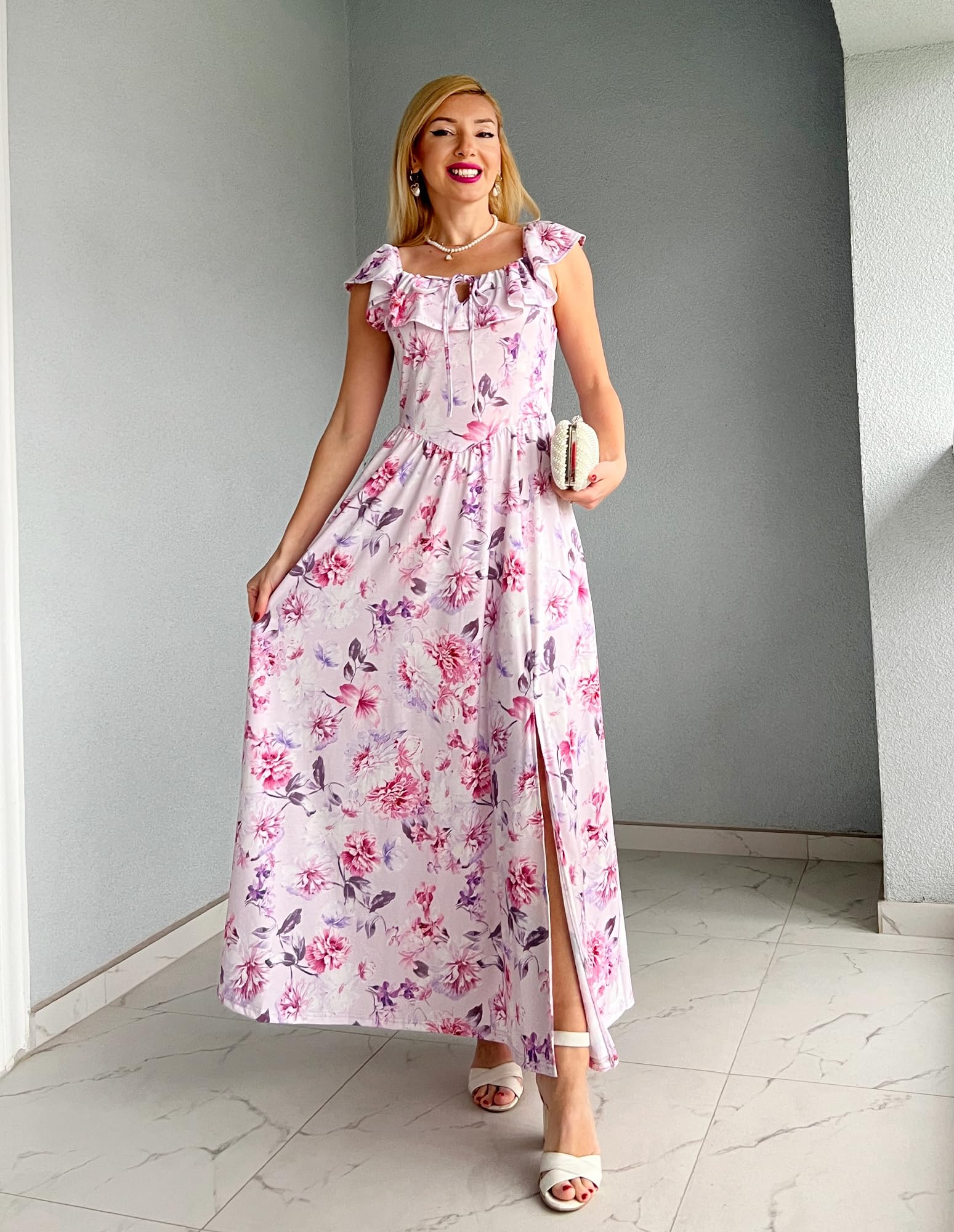 GRACE KARIN 2025 Womens Maxi Dresses Summer Off Shoulder Floral Dress Ruffle Split Beach Flowy Boho Wedding Guest Dress