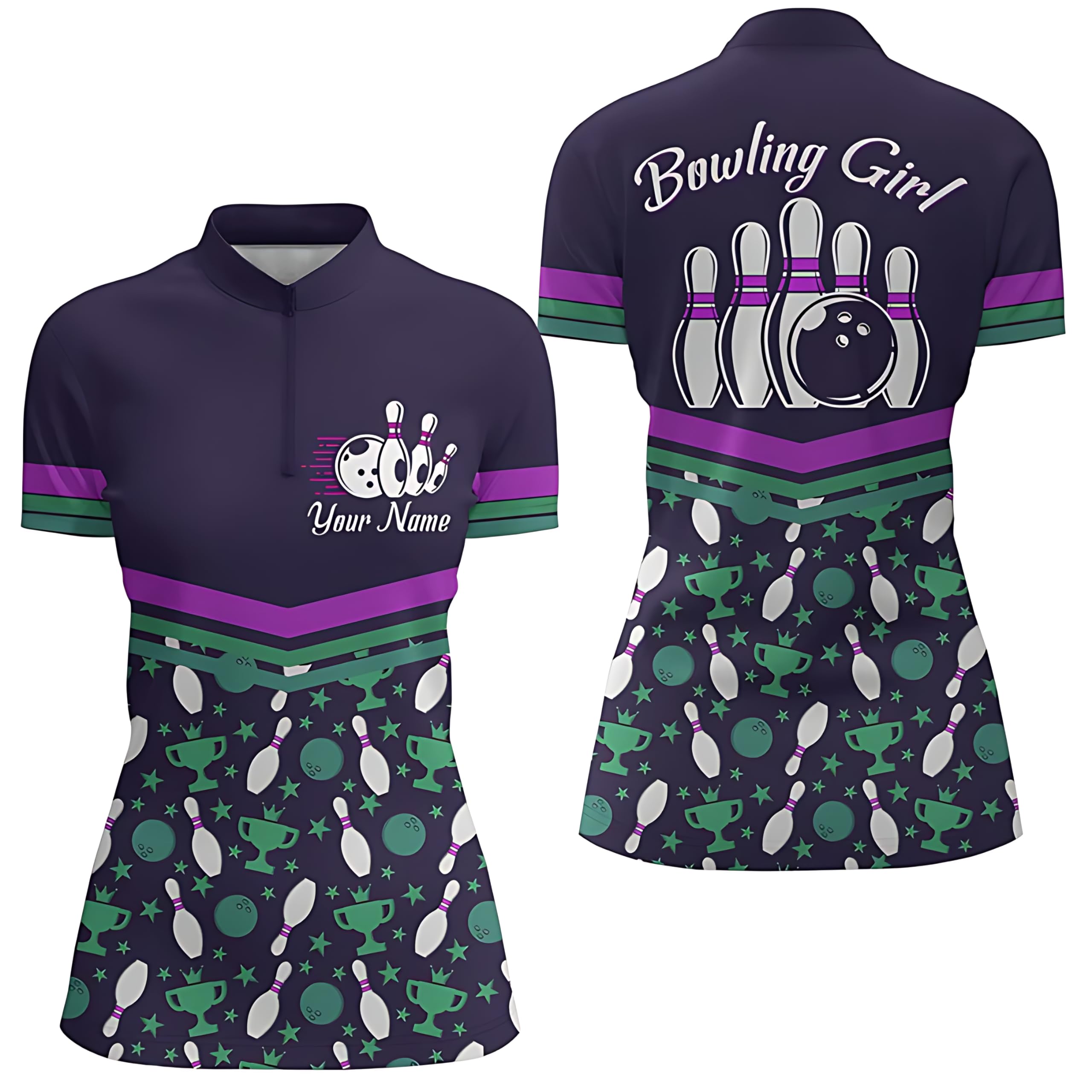 Women's Bowling Shirt with Personalized Name, Bowling Girl Purple Bowlers Jersey with Quarter Zip and Short Sleeves N34
