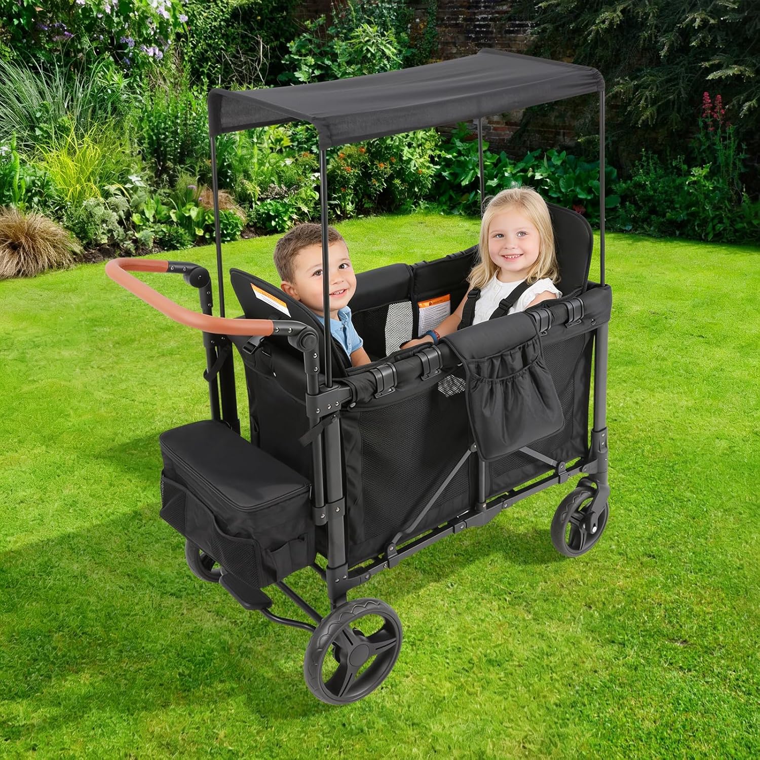 4-Seater Wagon Stroller with Adjustable Canopy, Convertible Seats & Removable Bench, 5-Point Harness, Parent Organizer & Snack Tray, Push/Pull Handle for Kids, Beach/Park Outdoor (Black)