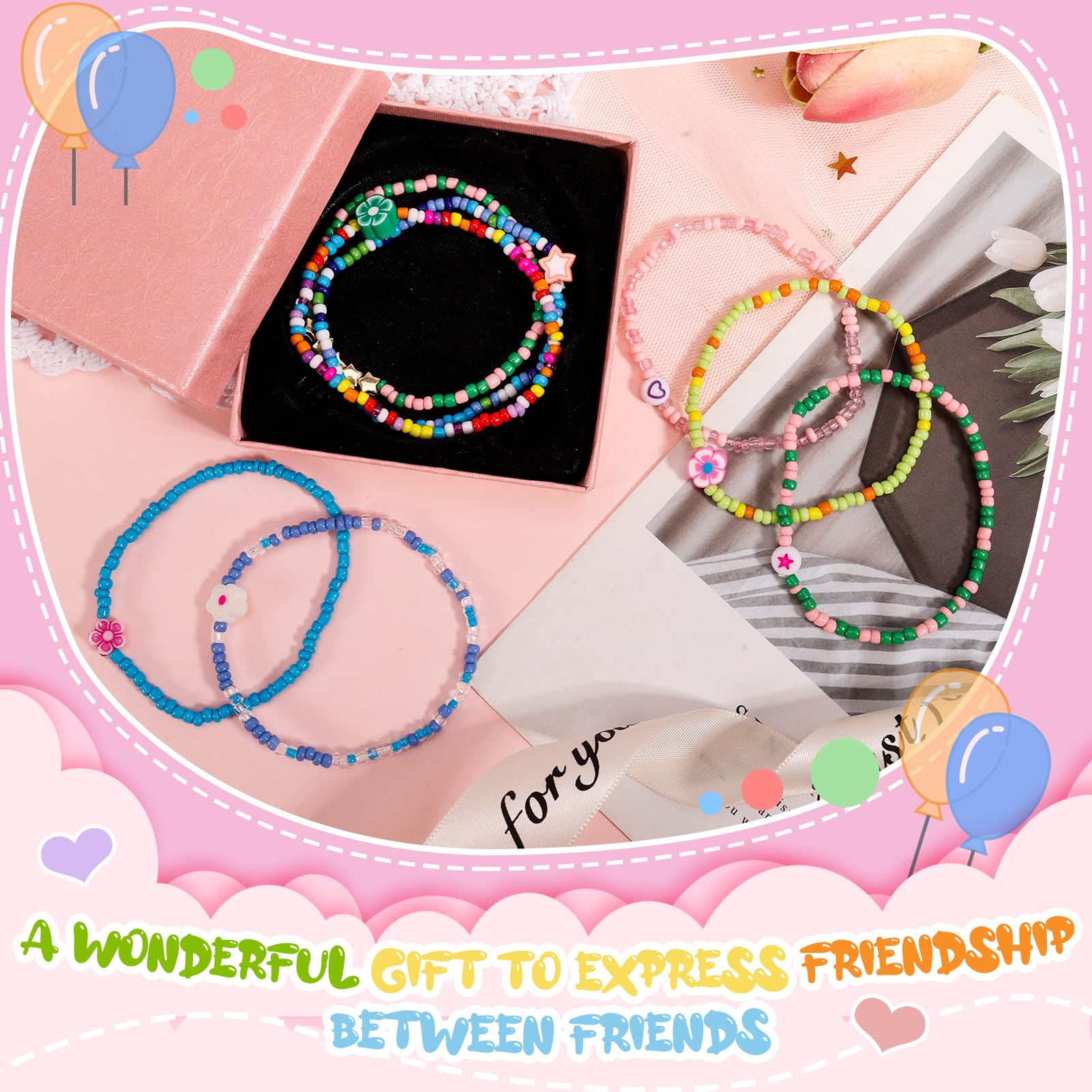 ViEinkaufen 48 Pcs Colorful Friendship Bracelet Set, Bulk Stackable Letter Beaded Bracelets for Girls Women Friends Party Accessories - Image 3