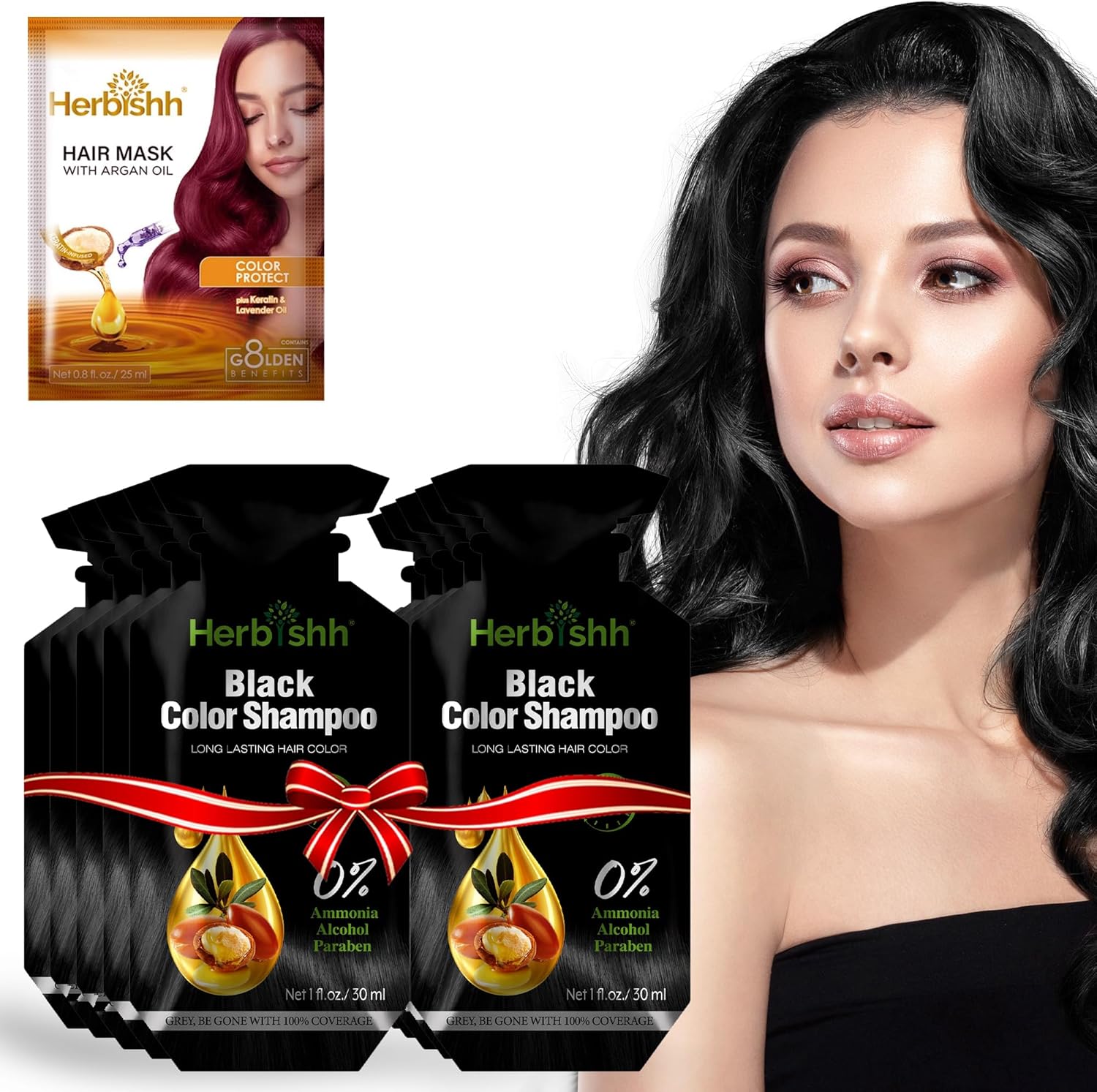 Herbishh Hair Color Shampoo 10 Sachet +1 Argan Hair Mask Pouch 3 in 1