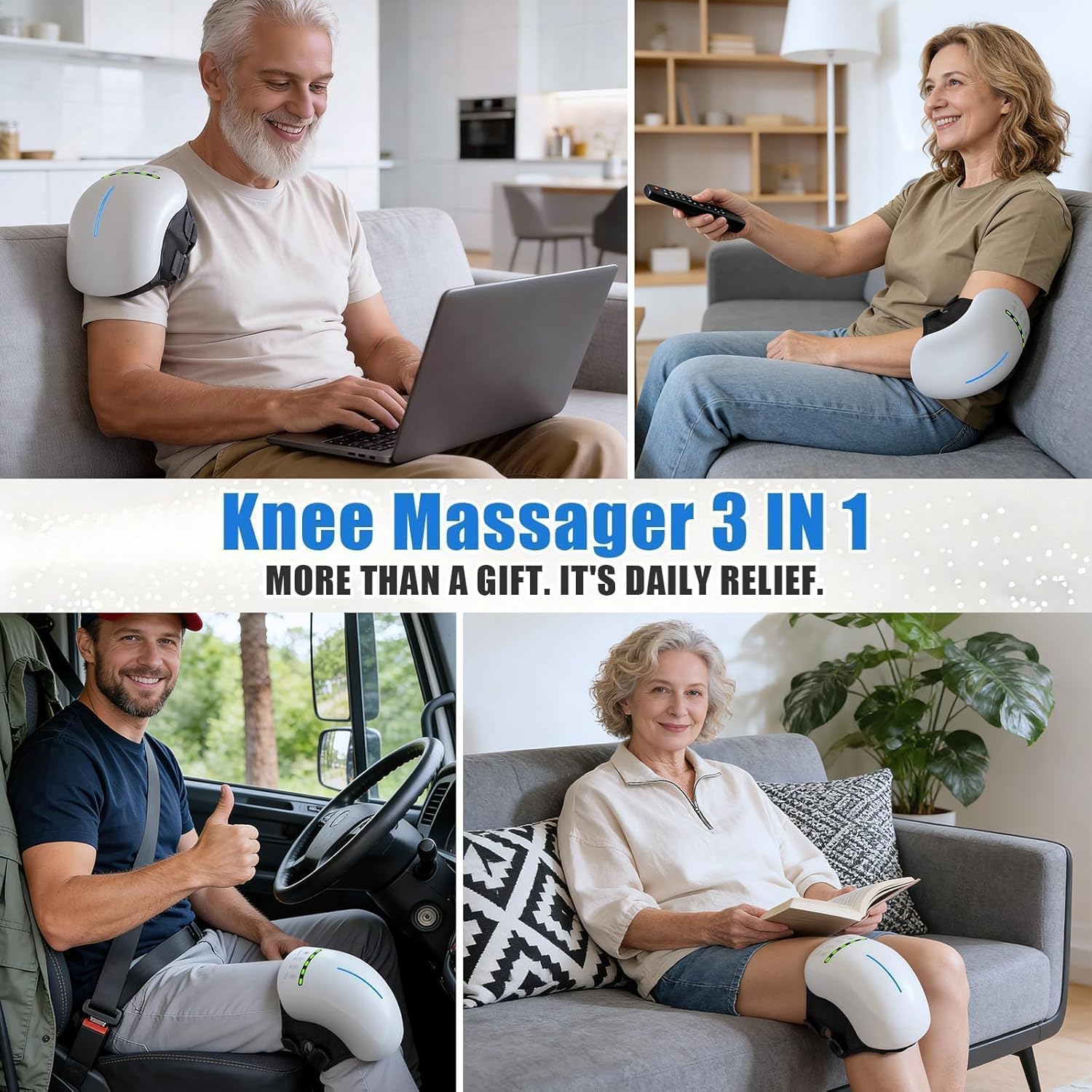 Knee Massager for Pain Relief with Heat and Red Light, 5 Vibration Modes & 3 Heating Levels, 4 Smart Modes, 6 Silicone Kneading Nodes, Ideal Gift for Men Women & Parents, White