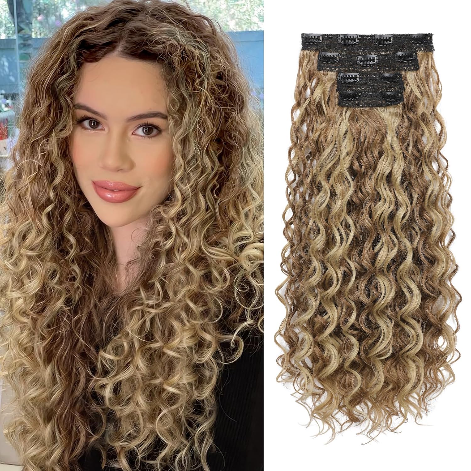 REECHO Curly Hair Extensions, 4PCS 24 inch Clip in Hair Extensions Lace Weft Short Curly Extensions Clip Ins Invisible Natural Hairpieces for Women, Light Brown with Blonde Highlights Light Brown with Blonde Highlights 24 Inch