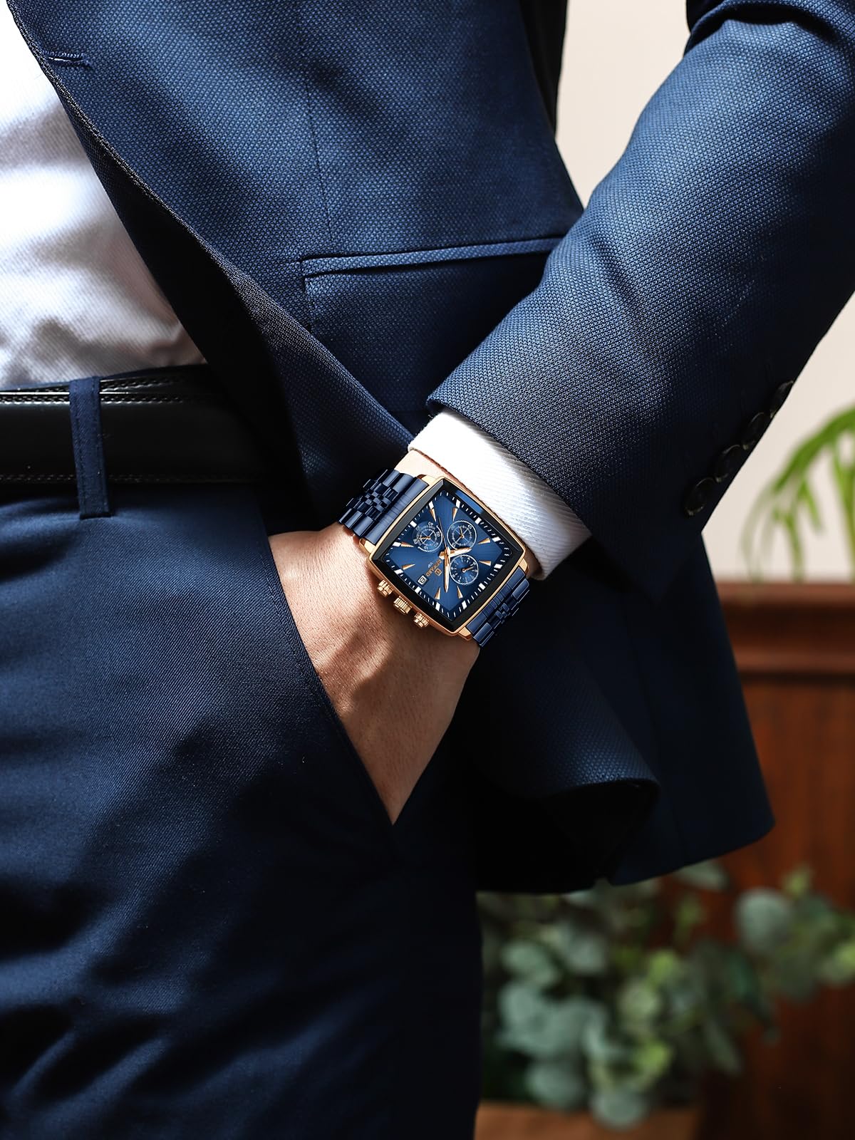FORSINING Orologio Uomo Quadrato, Orologio Cronografo al Quarzo Business con Funzione Luminosa e Data, Impermeabile Cinturino in Acciaio Inossidabile Blu Orologio di Lusso per Uomo