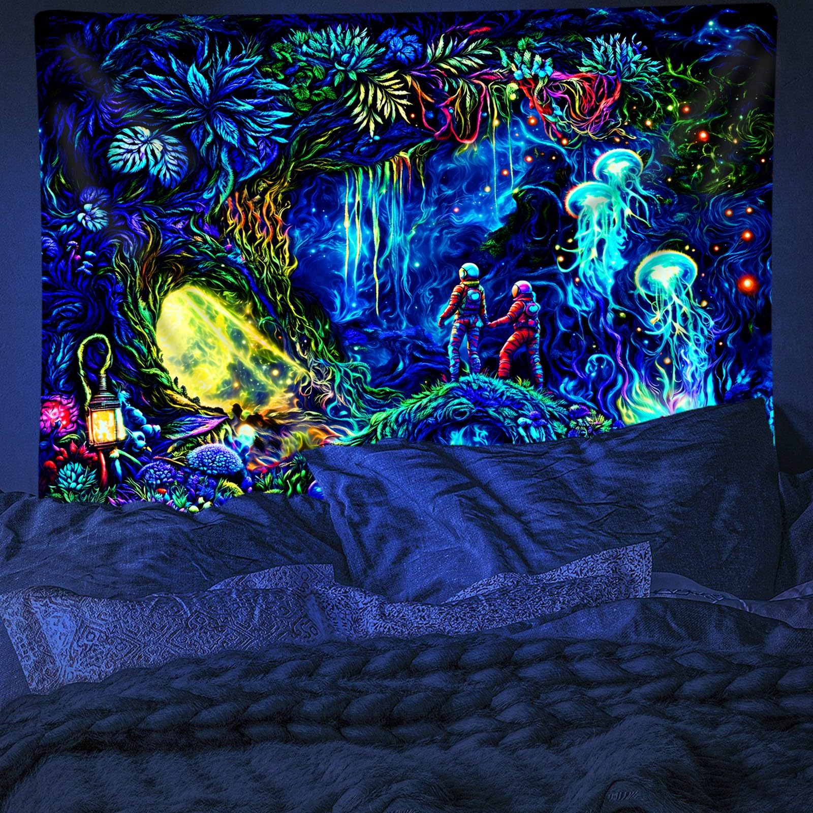 Schwarzlicht Tapisserie Mit Astronaut & Galaxie-Muster – UV-reaktiv, Trippy Wandbehang