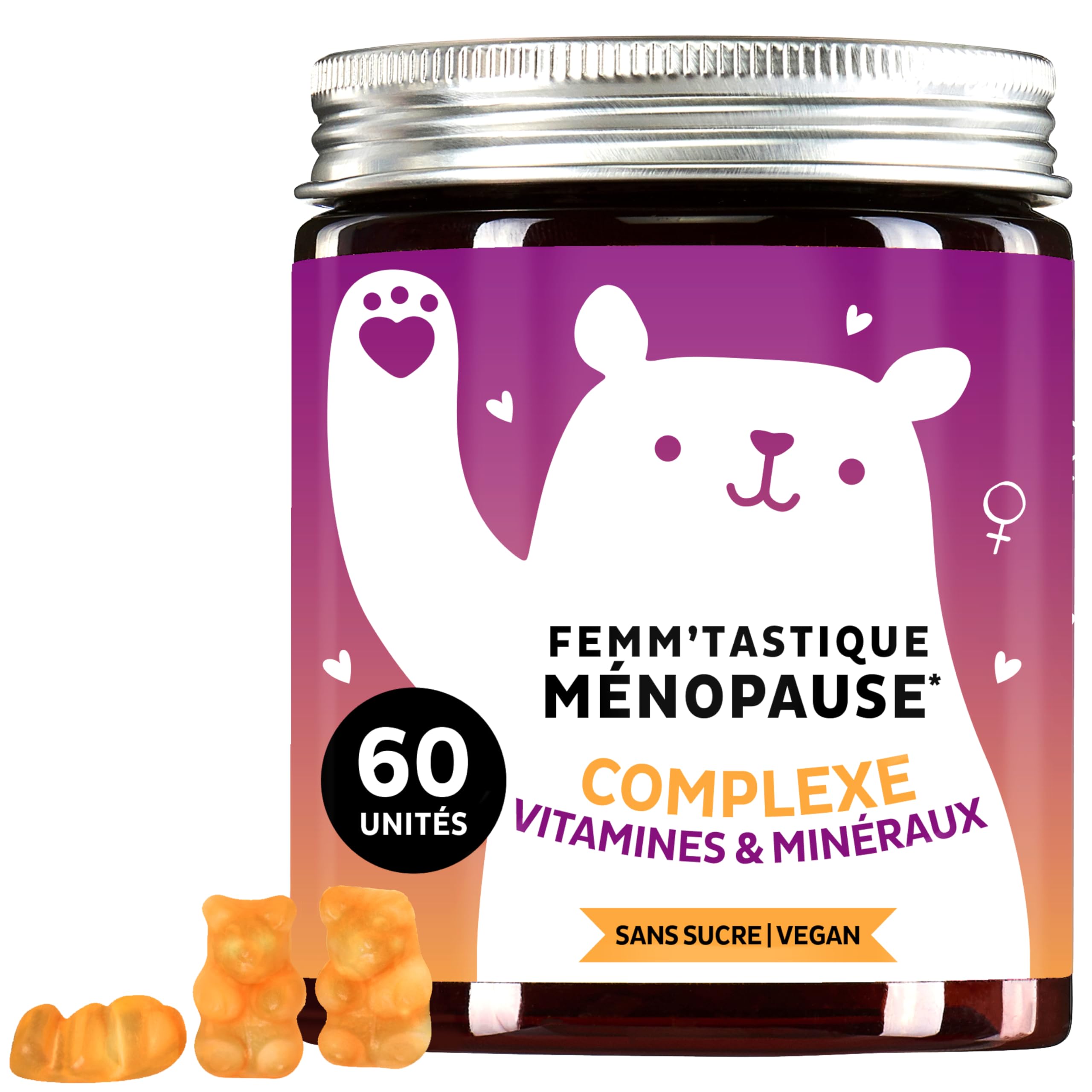 Femm'tastique Ménopause - Complexe vitamines et Minéraux - Vitamine C, D, E, Vitamines B, Zinc, Huile de graine de lin, CoQ10, Acide Hyaluronique - 60 unités - Vegan, Sans Sucre - Bears with Benefits
