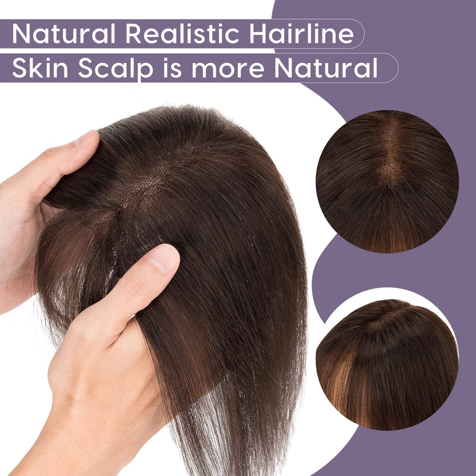 S-noilite Hair Toppers for Women Human Hair 8x11cm - Silk Base Human Hair Topper with bangs for thinning hair 21g Dark Brown #2-11" - Image 3
