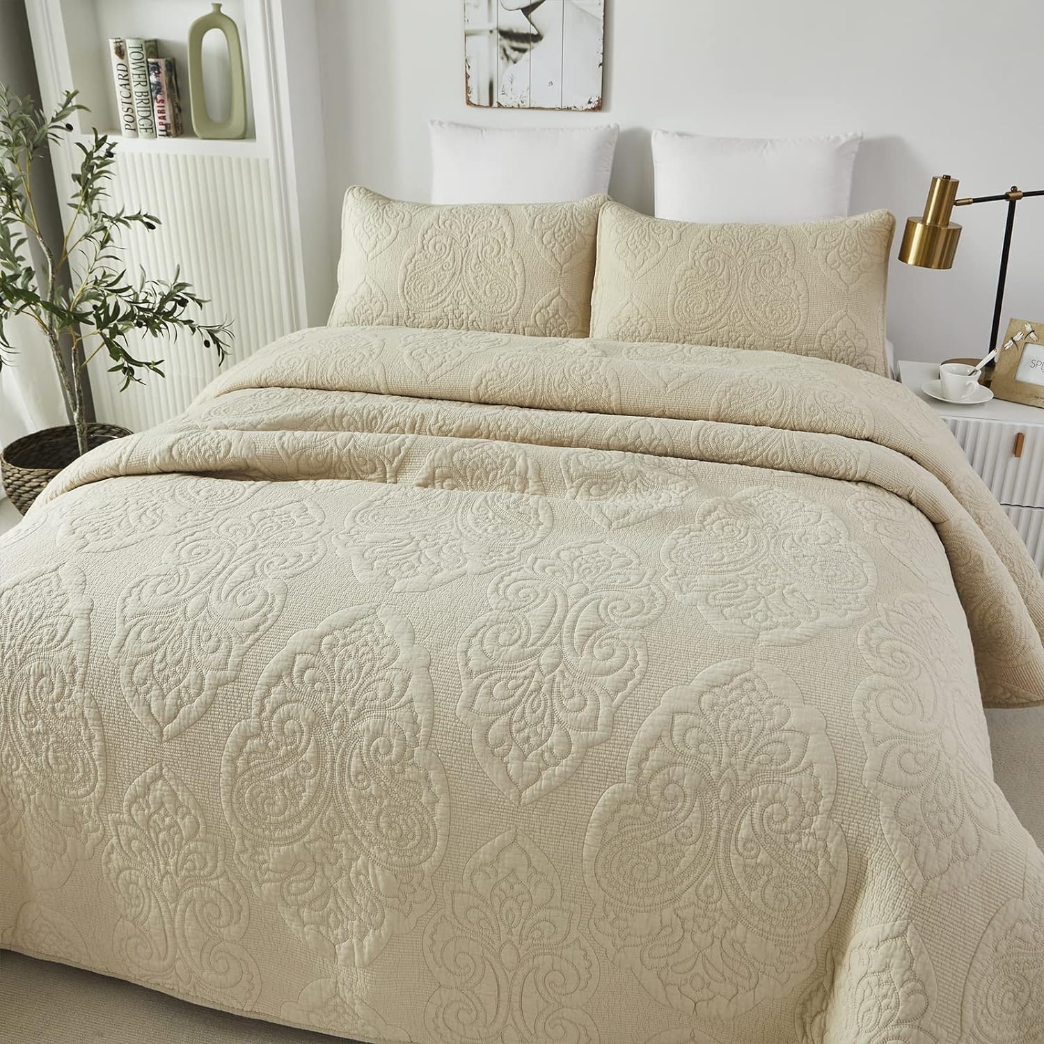 Brandream Queen Size Quilt Set Cotton Beige Quilted Comforter Set Luxury Paisley Matelasse Coverlet Set 3-Piece | Elegant Paisley, Real Stitching, Breathable Cotton, All Season Thickness, Durable Quality - Image 9