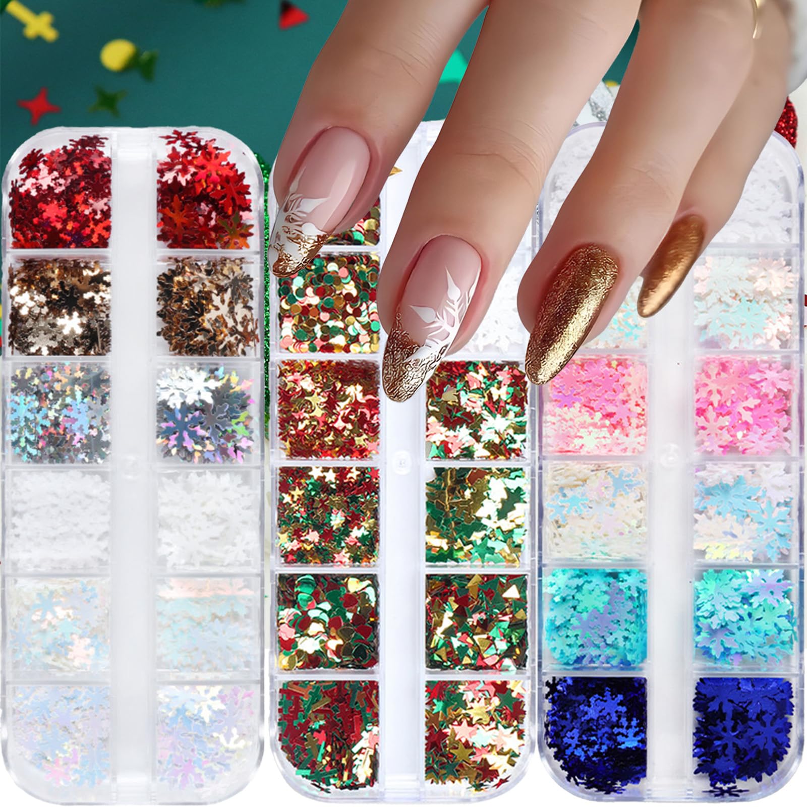 3 Boxes Snow Nail Glitter Hographic Blue White Nails Flakes Snowflake Sequins Manicure Accessories for Glitters Flakes Accessories for Women Manicure DIY Decorations