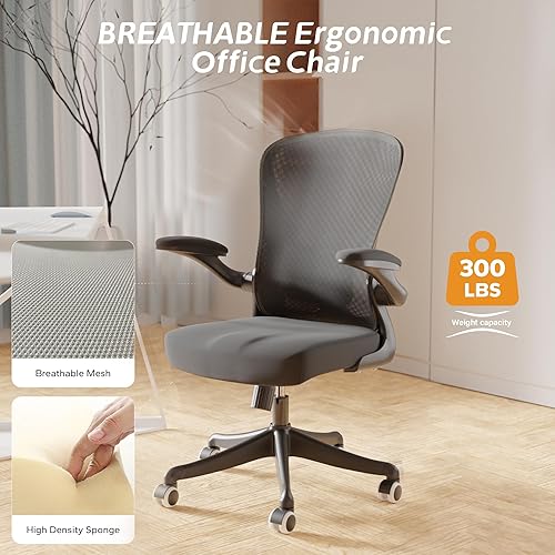 Miniatura 5 de Silla de oficina ergonómica con reposabrazos ajustables abatibles y soporte lumbar, silla de escritorio con cojín grueso con ruedas, silla de