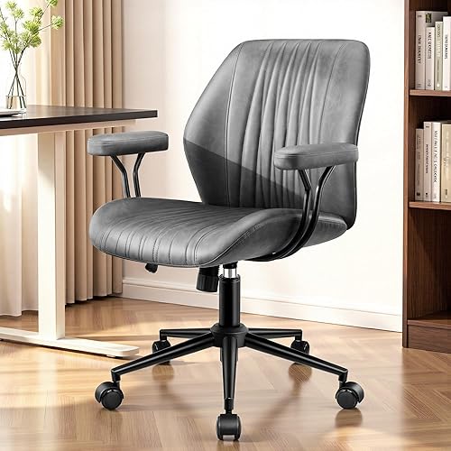 Miniatura 9 de Silla de oficina de cuero con reposabrazos extraíbles, silla de escritorio ergonómica de respaldo medio con soporte lumbar, silla ejecutiva