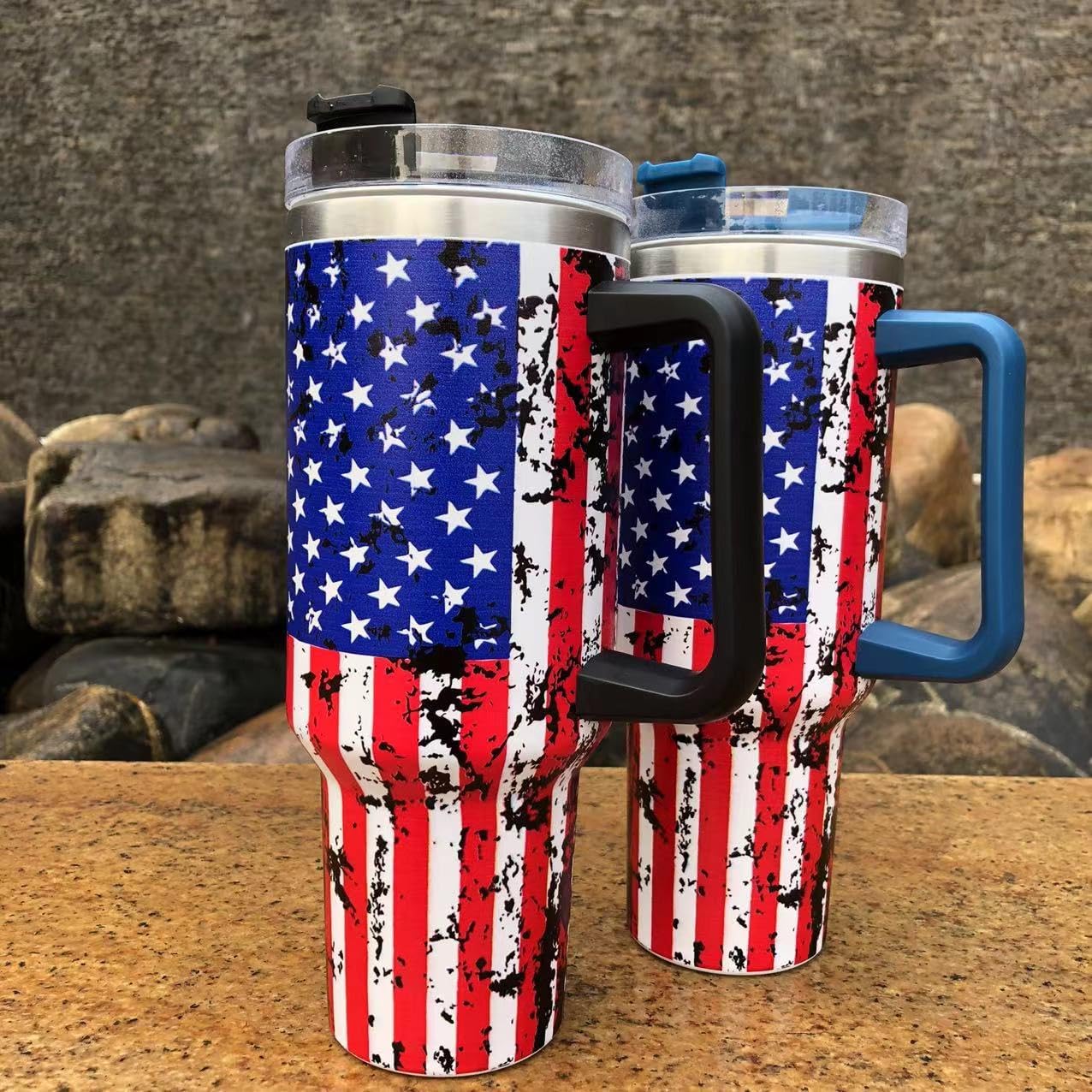 40 Oz Stainless Steel Travel Mug with Handle - USA Flag Insulated Tumbler - Navy Military - Black Handle - Image 4