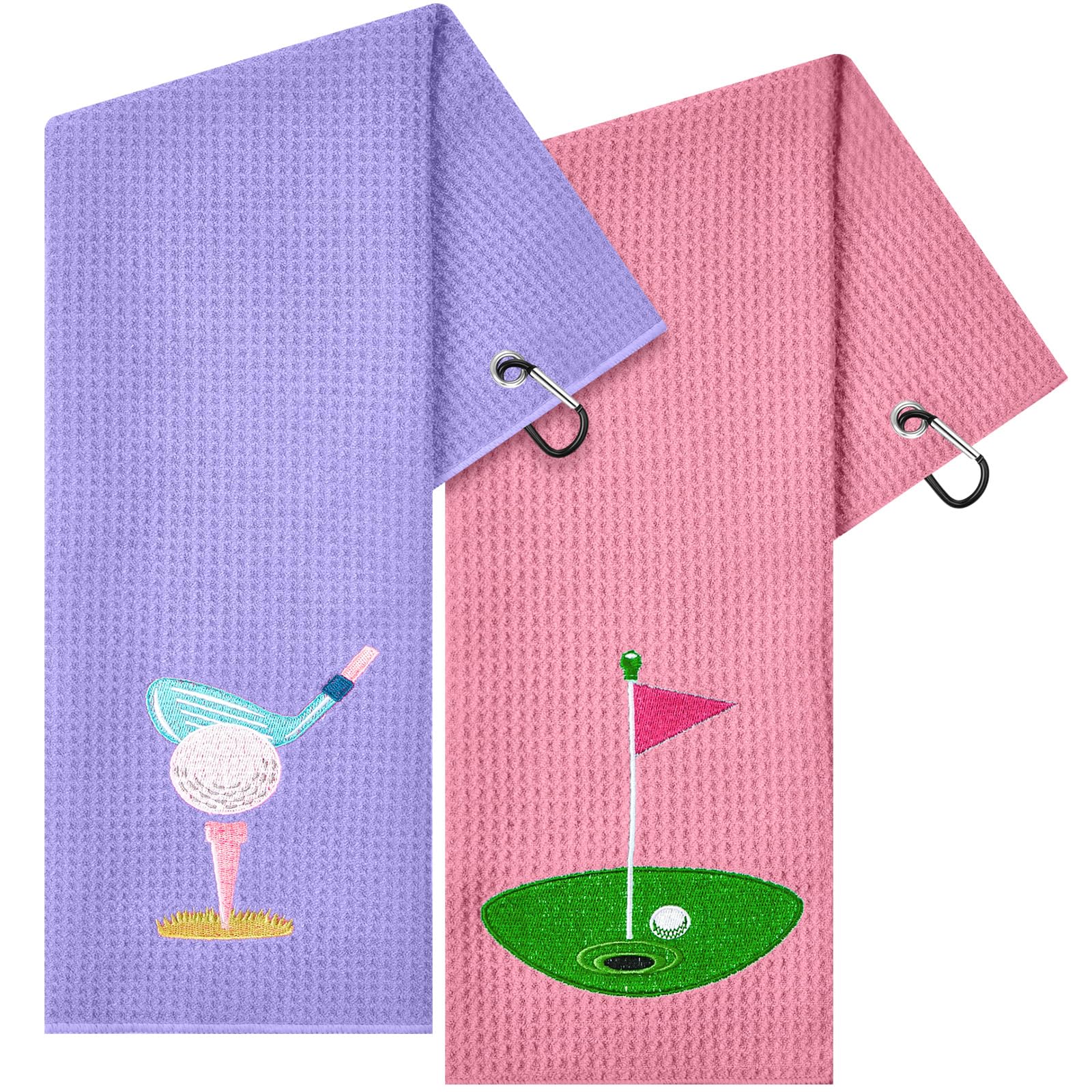 Mindsoft 2 Pieces Funny Golf Towel Microfiber Embroidered Ball Towels for Women Ball Bags with Clips Accessories Waffle Pattern for Golf Fan Mother Birthday Gifts (Pink Purple,Elegant Style)