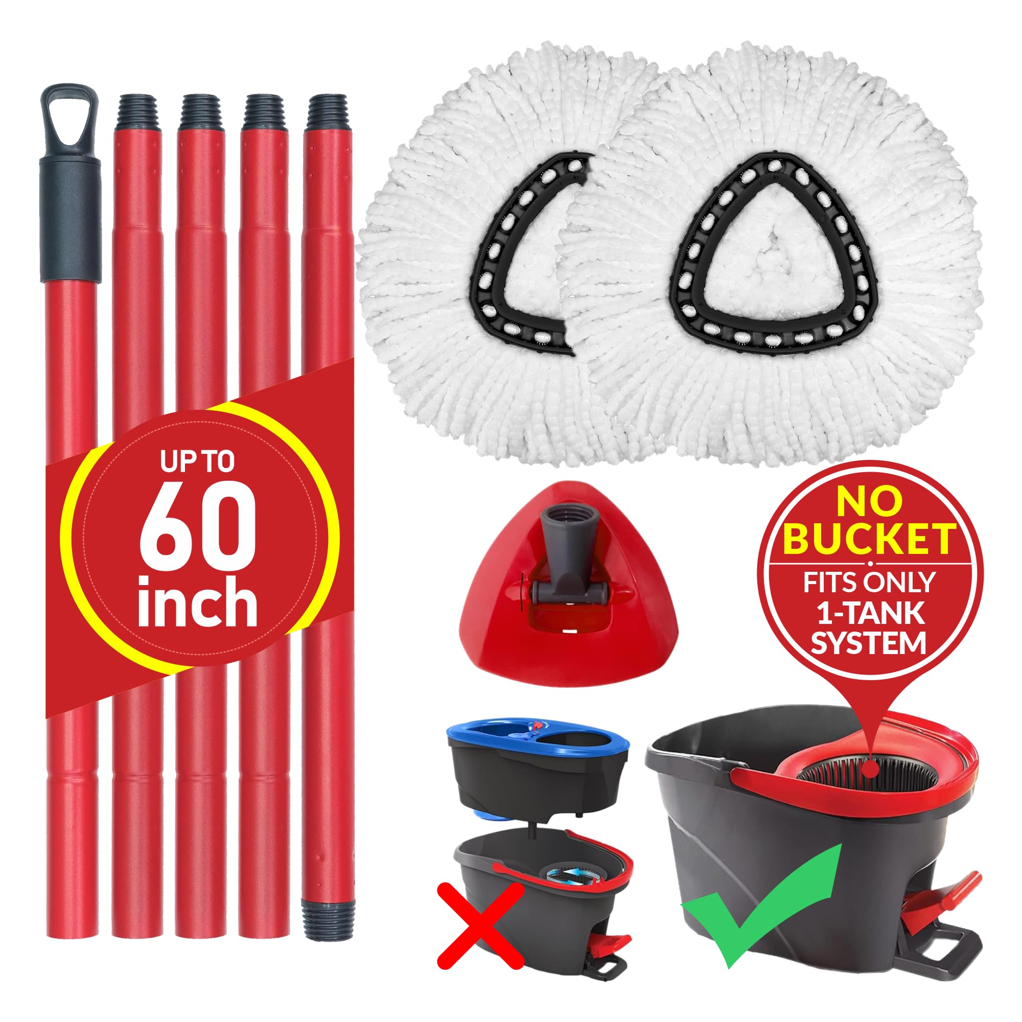 Twinko Max Spin Mop Replacement Kit without Bucket, Compatible with O-Cedar EasyWring 1-Tank System Triangle Microfiber Spin Mop, 60-Inch Combination Handle, 2 Microfiber Mop Head Refills, 1 Mop Base.