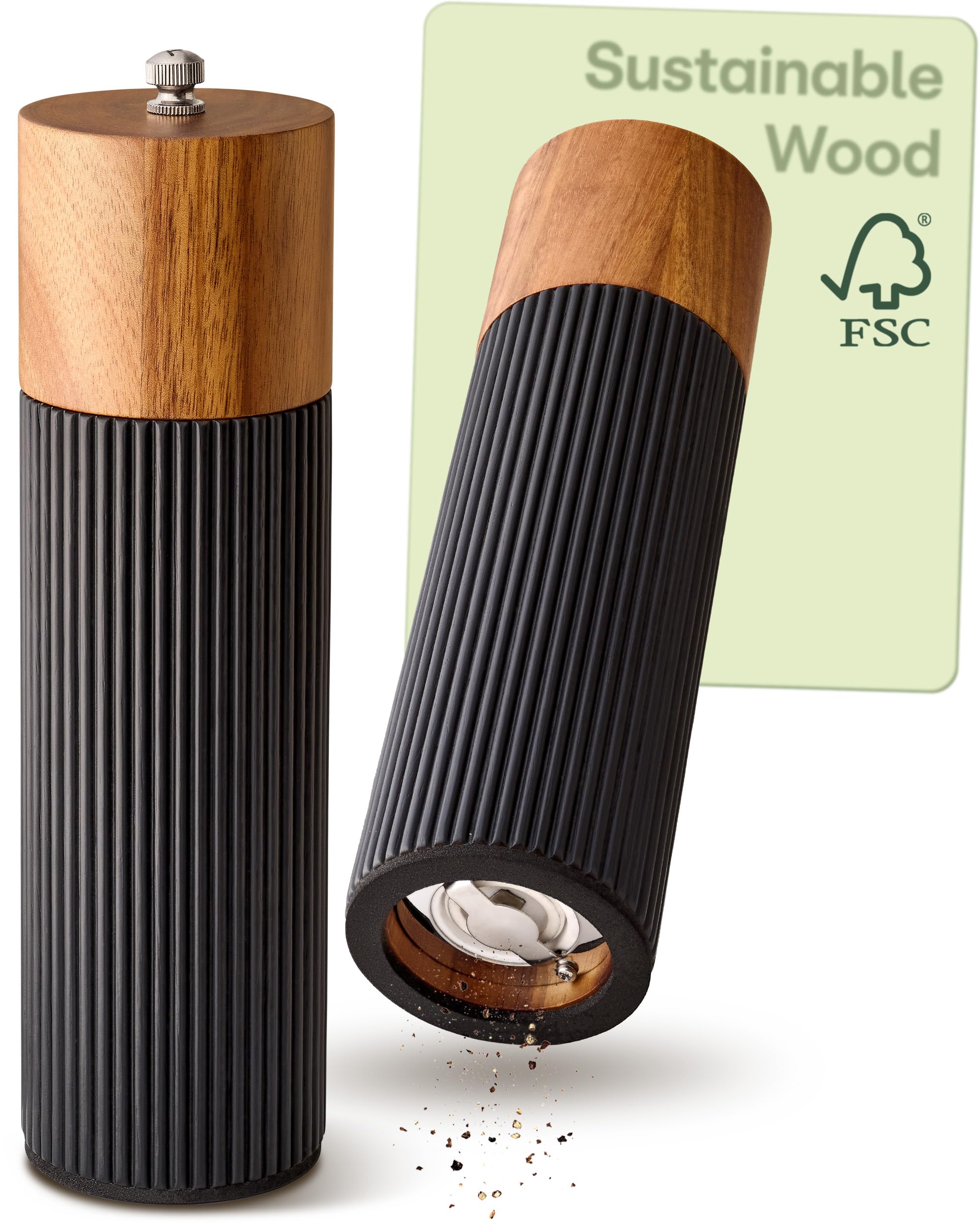 Praknu Salt and Pepper Grinder Set Manual Large – FSC® Acacia Wood – Elegant Design with Ceramic Grinder – Adjustable & Durable – Black – Large