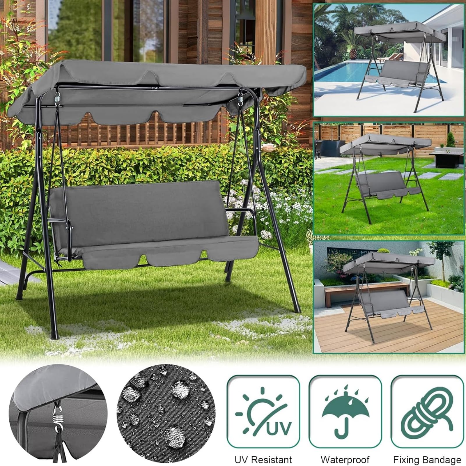 Kit Copertura Per Altalena Giardino 3 Posti, Tessuto Oxford 210D Impermeabile UV-Resistente, Baldacchino E Federe Cuscini, Protezione Durevole Per Esterni E Patio (Blu,142X120X18cm)