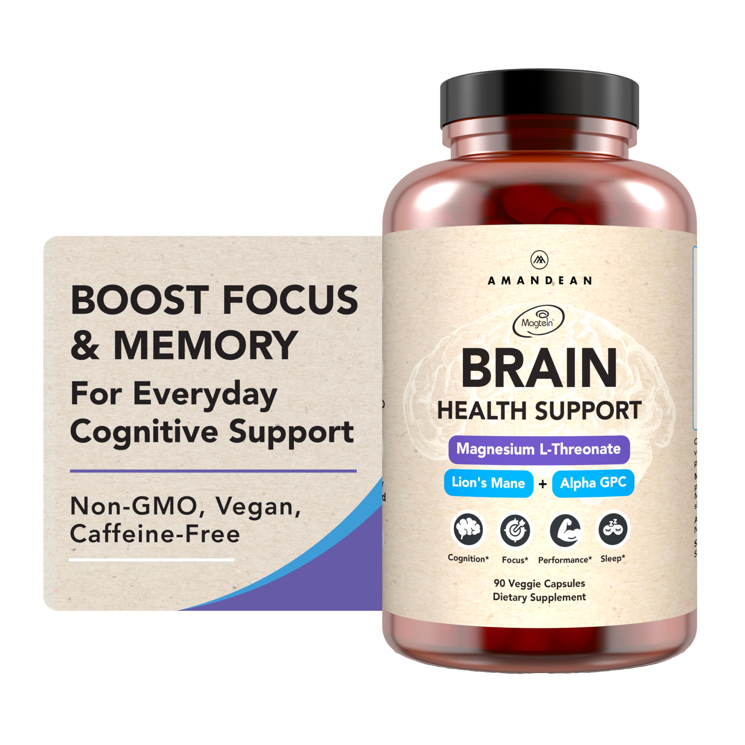 AMANDEAN Nootropic Brain Supplements for Memory and Focus, Improves Mental Clarity and Cognitive Function, Magnesium L-Threonate (Magtein), Lions Mane and Alpha GPC - (90 Veggie Capsules)