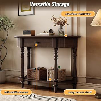 LUMISOL Retro Console Table with Top Drawer and Open Shelf | Solid Wood Entryway Table with Curved Corner, Sofa Table for Hallway, for Living Room, Espresso