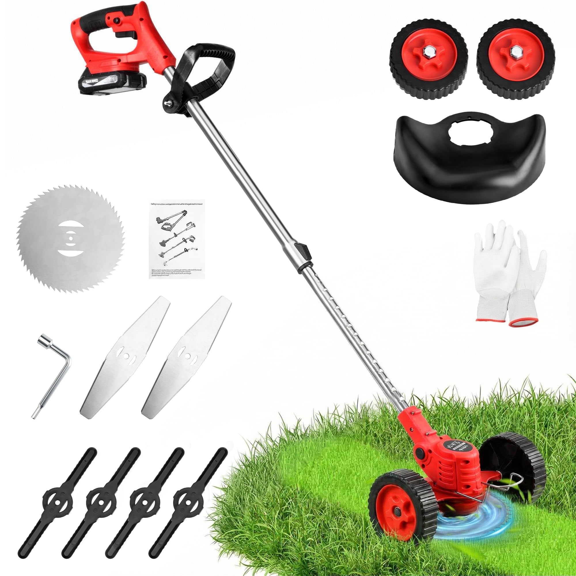 MGYM Cordless Weed Wacker, 20V Battery Operated Weed Eater with 2x2.0Ah Batteries and Charger, Wheeled Push Lawn Mower for Lawn and Yard String Trimmer(Red)