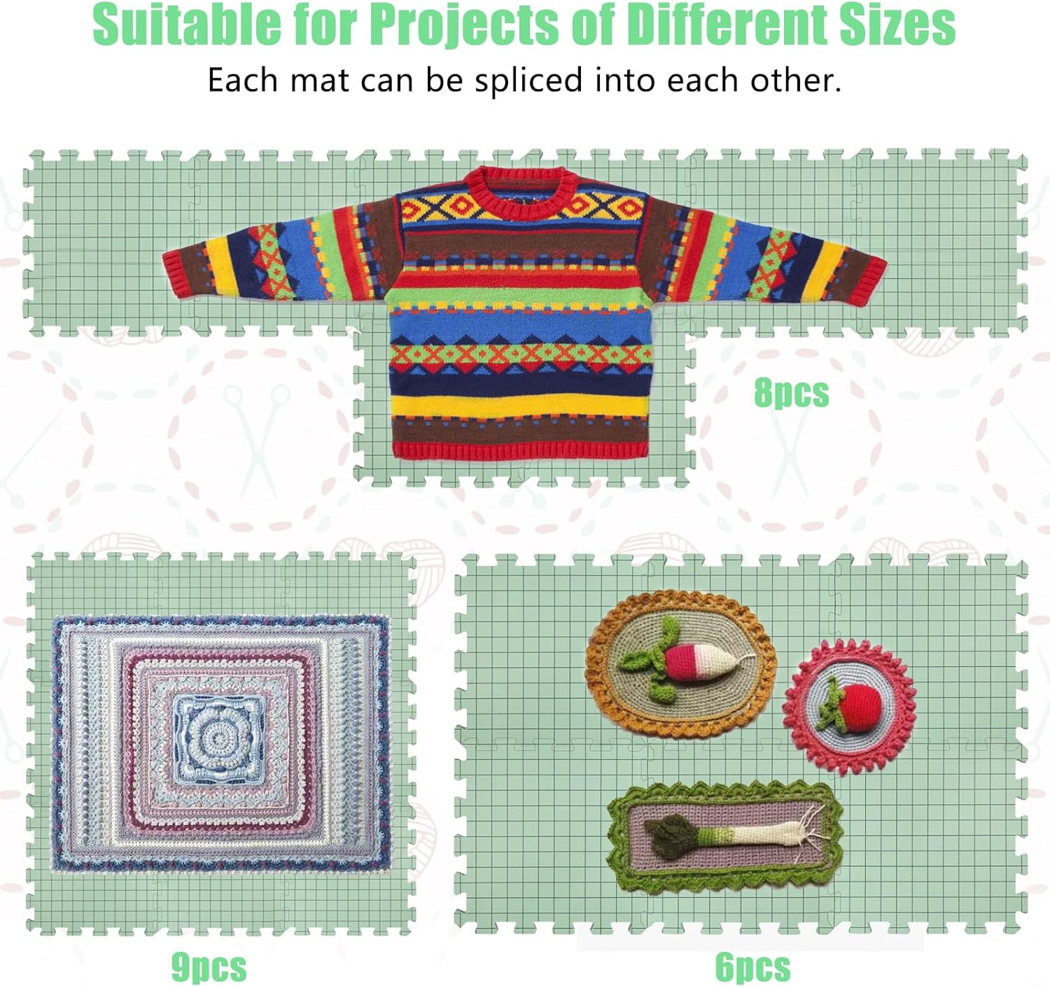 CraftyManor 9 PCS Thick Blocking Mats for Knitting & Crochet Projects, with 50 T-Pins, Green