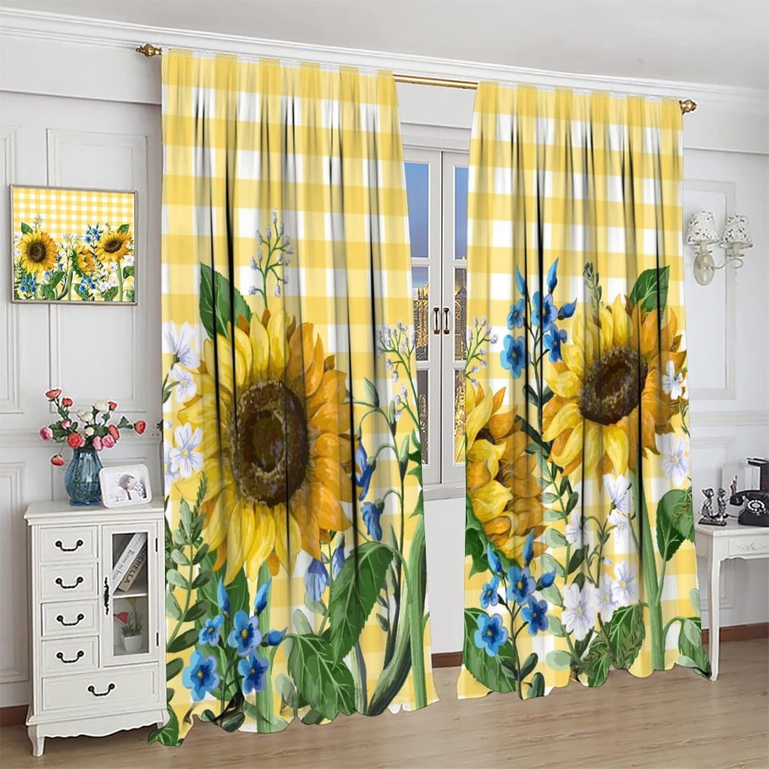Sunflower Blackout Curtains Spring Beautiful Floral Bright Yellow White Buffalo Check Plaid Colorful Rustic Art Print for Living Room Bedroom Kitchen Decor Rod Pocket Window Drapes 2 Panels 42x45in