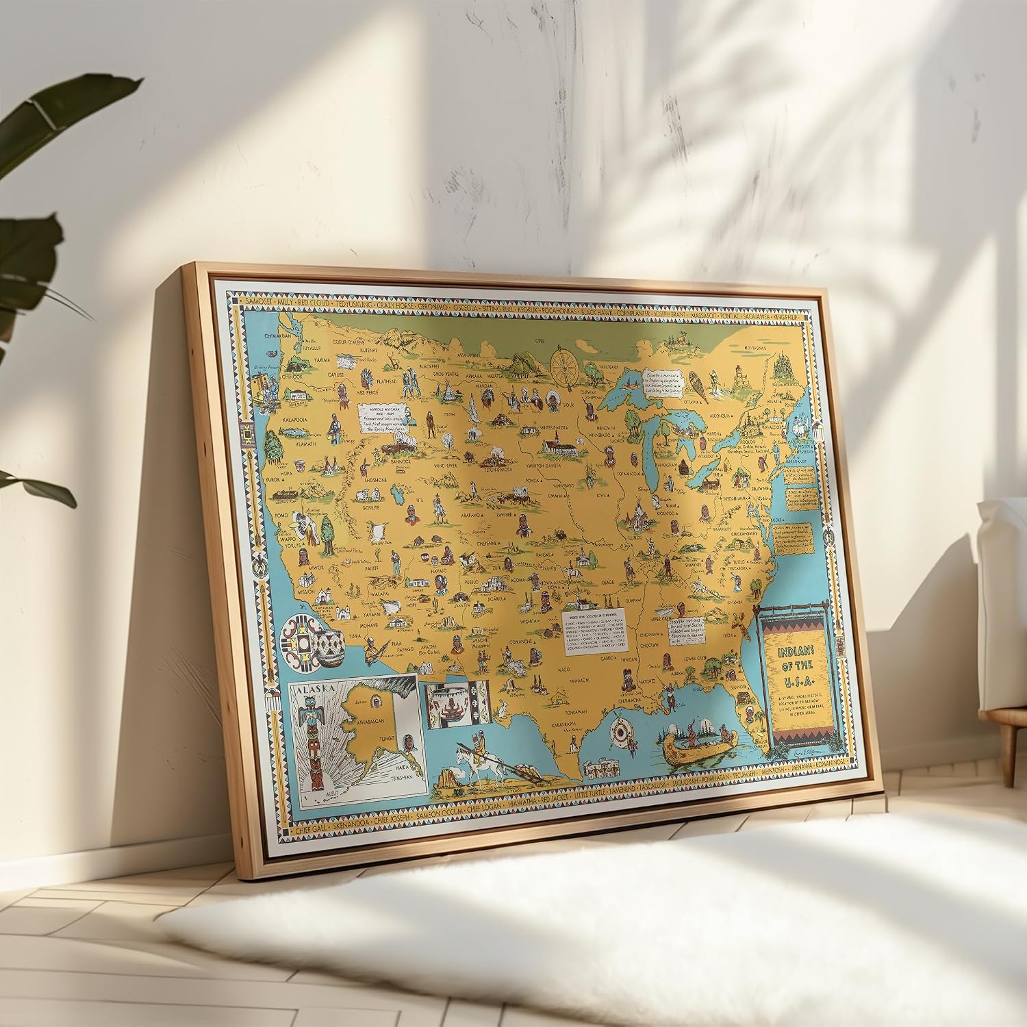 Poster Master Vintage Map Poster - Retro Indians Of The USA Print - Native American Tribes & Pictorial Map Art - Gift for Men & Women - Decor for Office, Library or Dorm - 16x20 UNFRAMED Wall Art