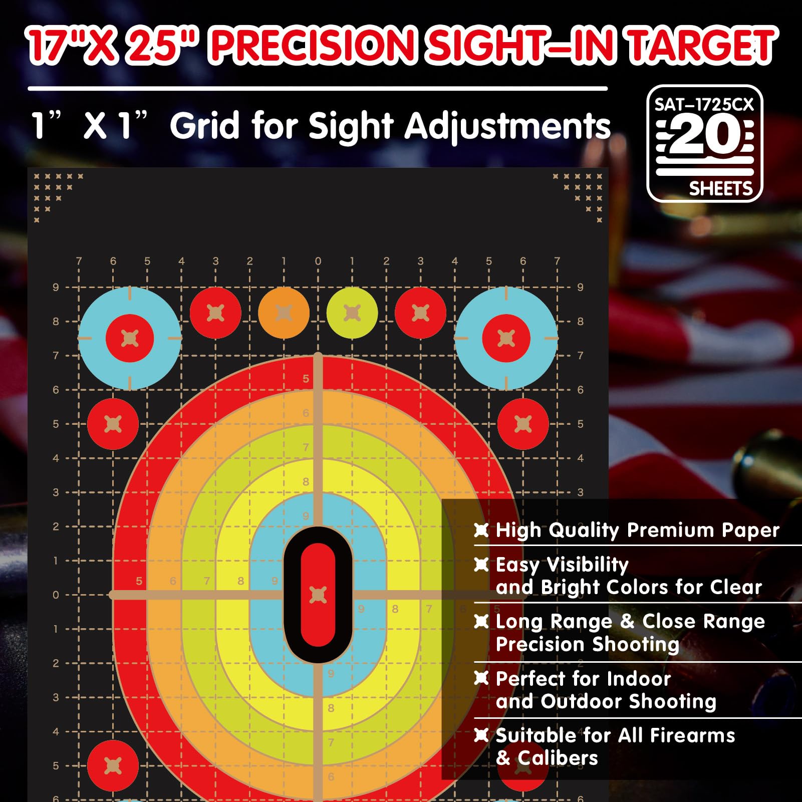 Sight-in Shooting Targets Paper - 17x25 inch Color 20/Pack 140gsm, Low-Glare, One Crease, Bags, 1x1 inch Grid & Multi-Zone Bullseye for Rifle, Pistol, Airsoft Scope Sighting - Indoor/Outdoor Range