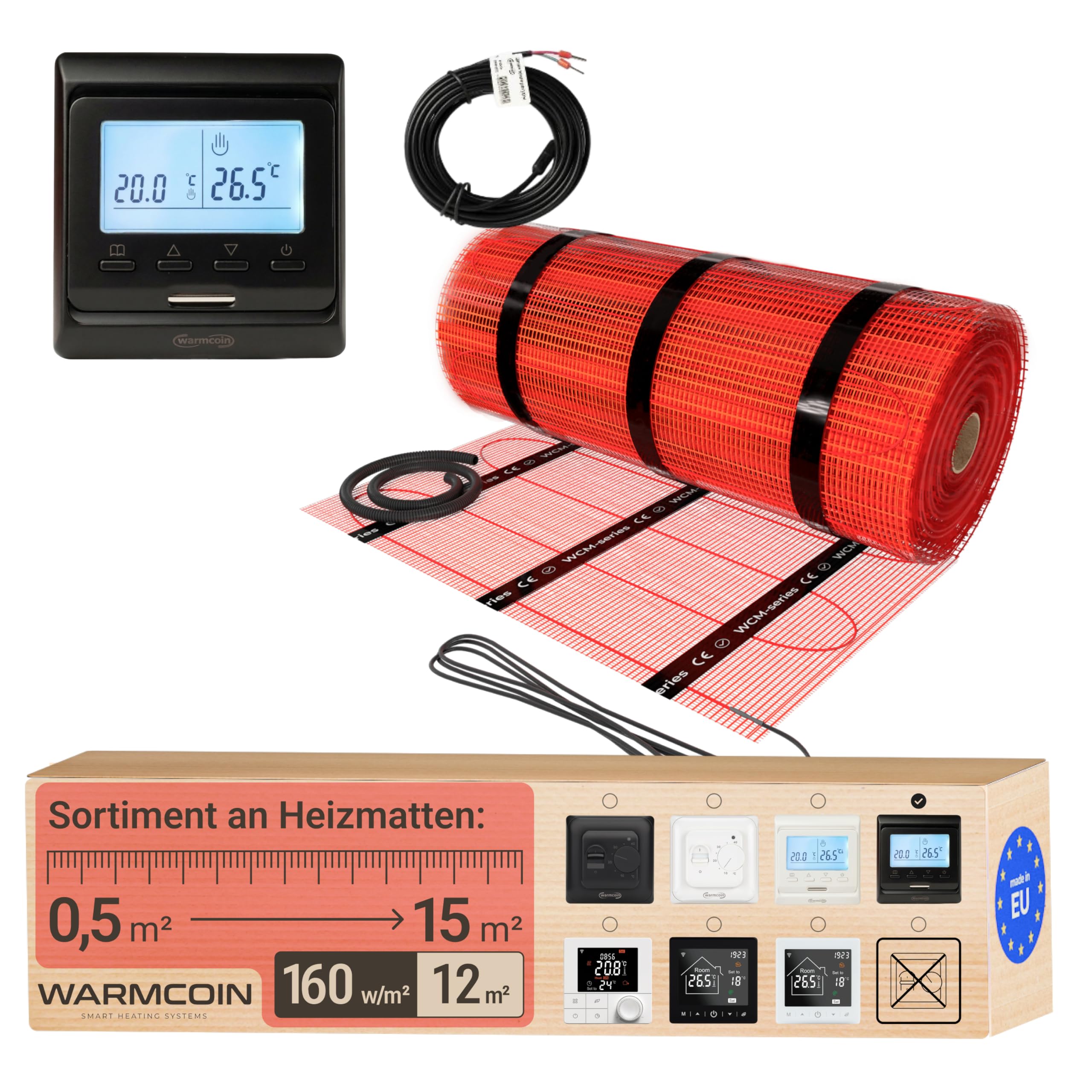 Kit Riscaldamento a Pavimento Elettrico 160W/m² – Stuoia Autoadesiva 12,0 m² (0,5x24m) – Piastrelle, Laminato, Vinile – Con Cronotermostato LCD Programmabile W51 Nero