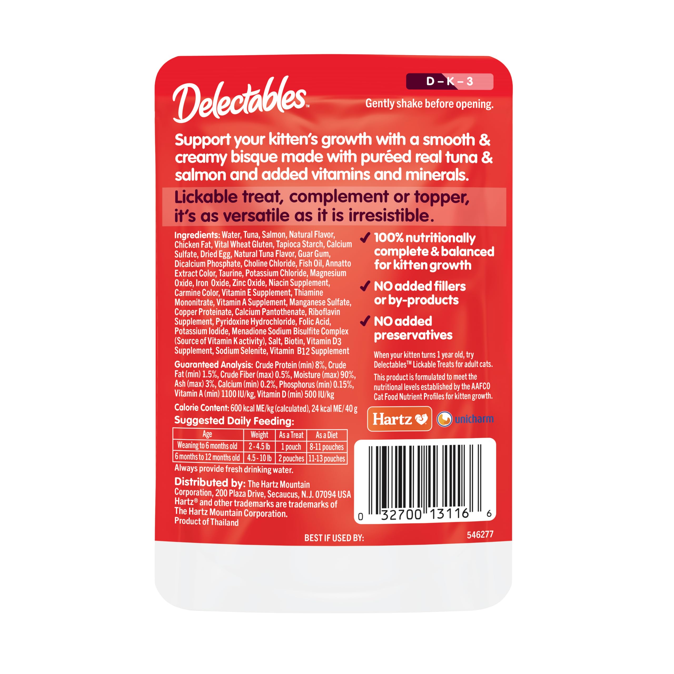 Hartz Delectables Bisque para gatitos, golosinas húmedas completas y equilibradas de atún y salmón para gatos, 12 unidades