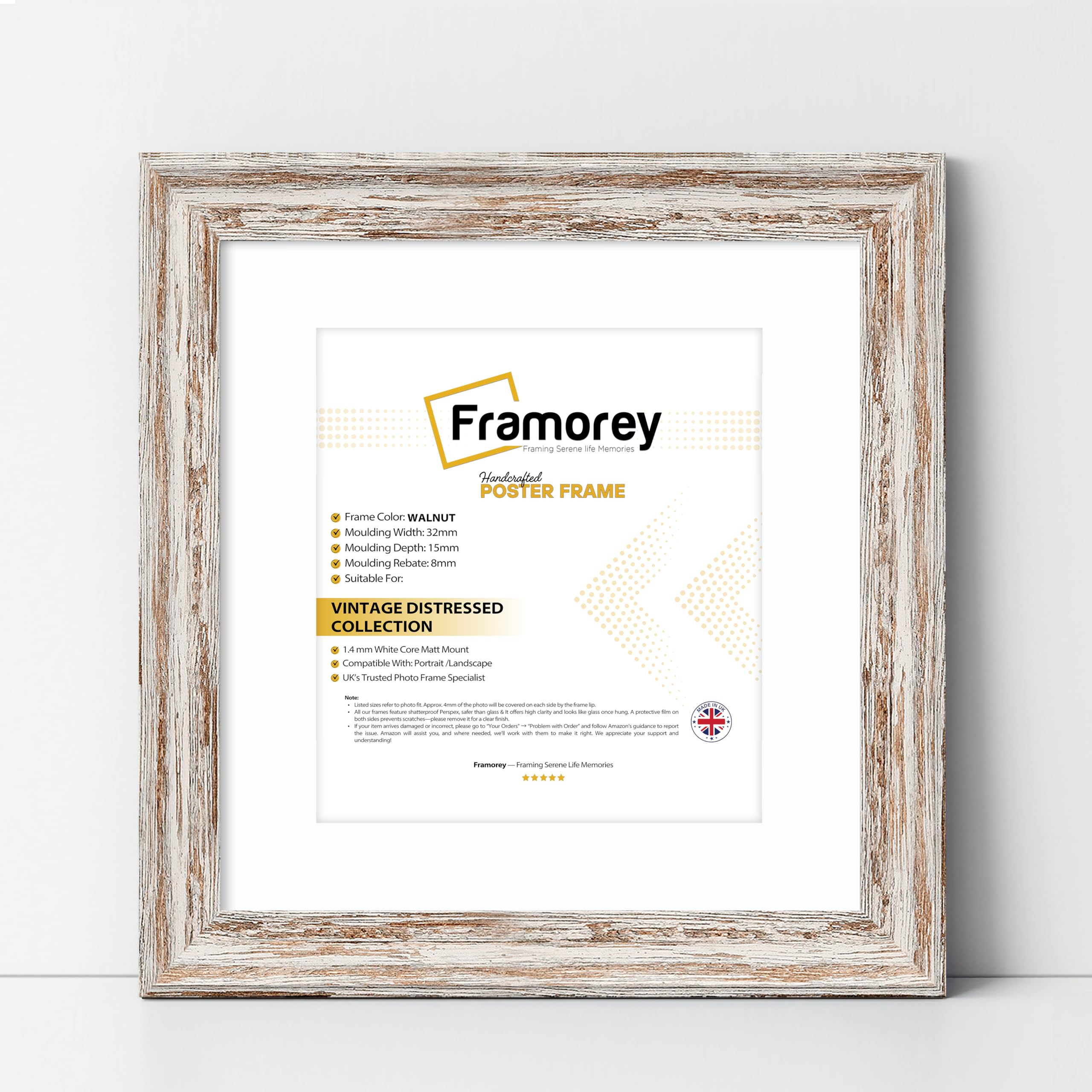 FRAMOREY Vintage Distressed Square Size Picture Frame, 16x16" Size Walnut Photo Frame With 14x14" Size White Mount, Photo Print Frame, Birthday Gift Frame