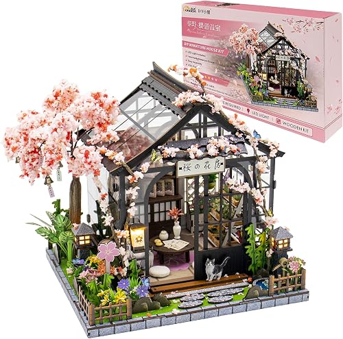 DIY Miniature House Kit, Fairy Dollhouse for Adults to Build, Mini Home Building Kit with Wooden Furniture & LED Lights,Garden Detials, Gift for Family and Friends (Spring Sakura Greenhouse)