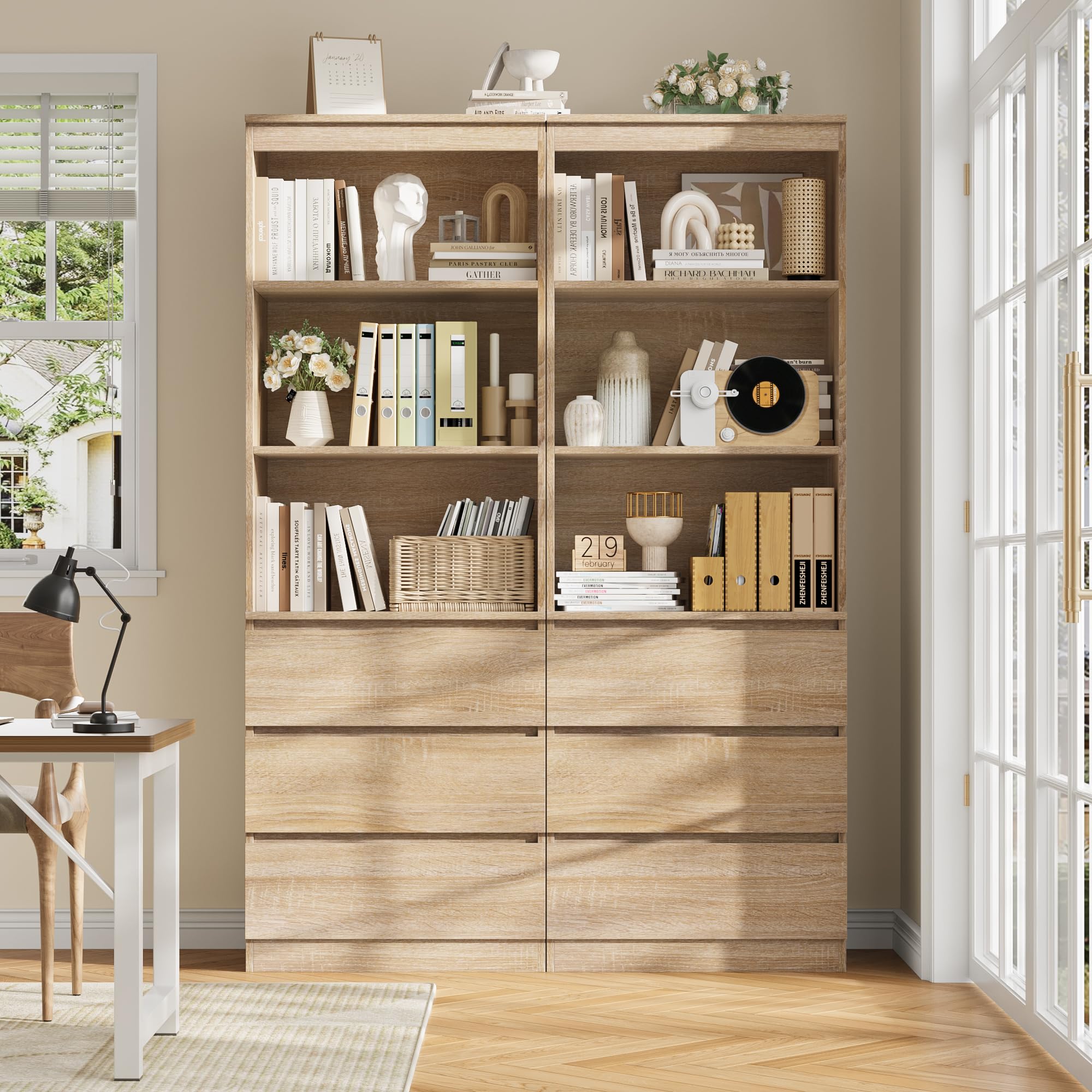 FirFurd 180cm Estantería de 3 Estantes con 3 Cajones, Librería Estantería | Mueble Organizar Documentos, Archivadores, Carpetas, Libros, para Oficina, Salón, Roble, 60x35x180cm