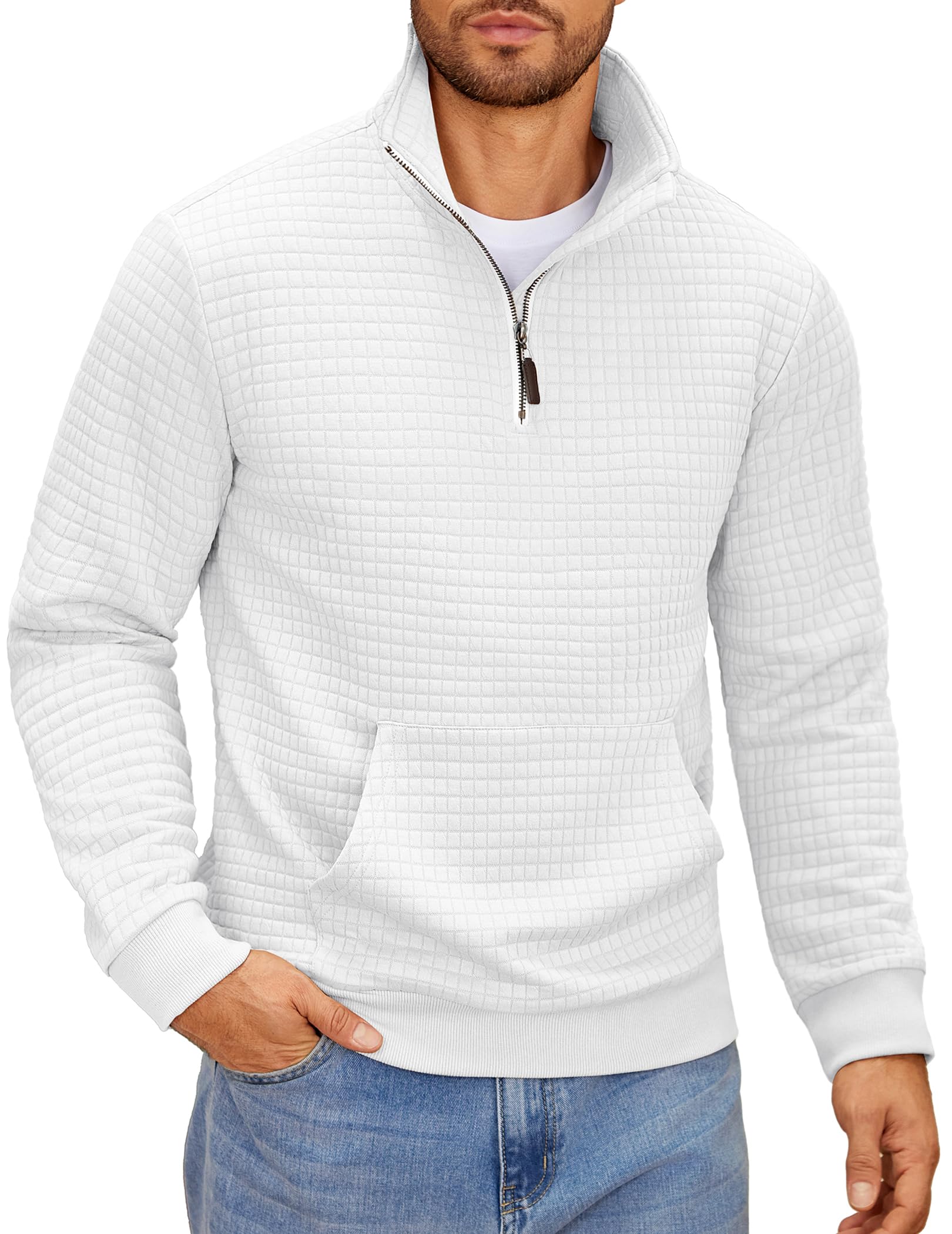 COOFANDYMens Quarter Zip Sweatshirt Long Sleeve Casual Waffle Pullover Hoodies with Pocket
