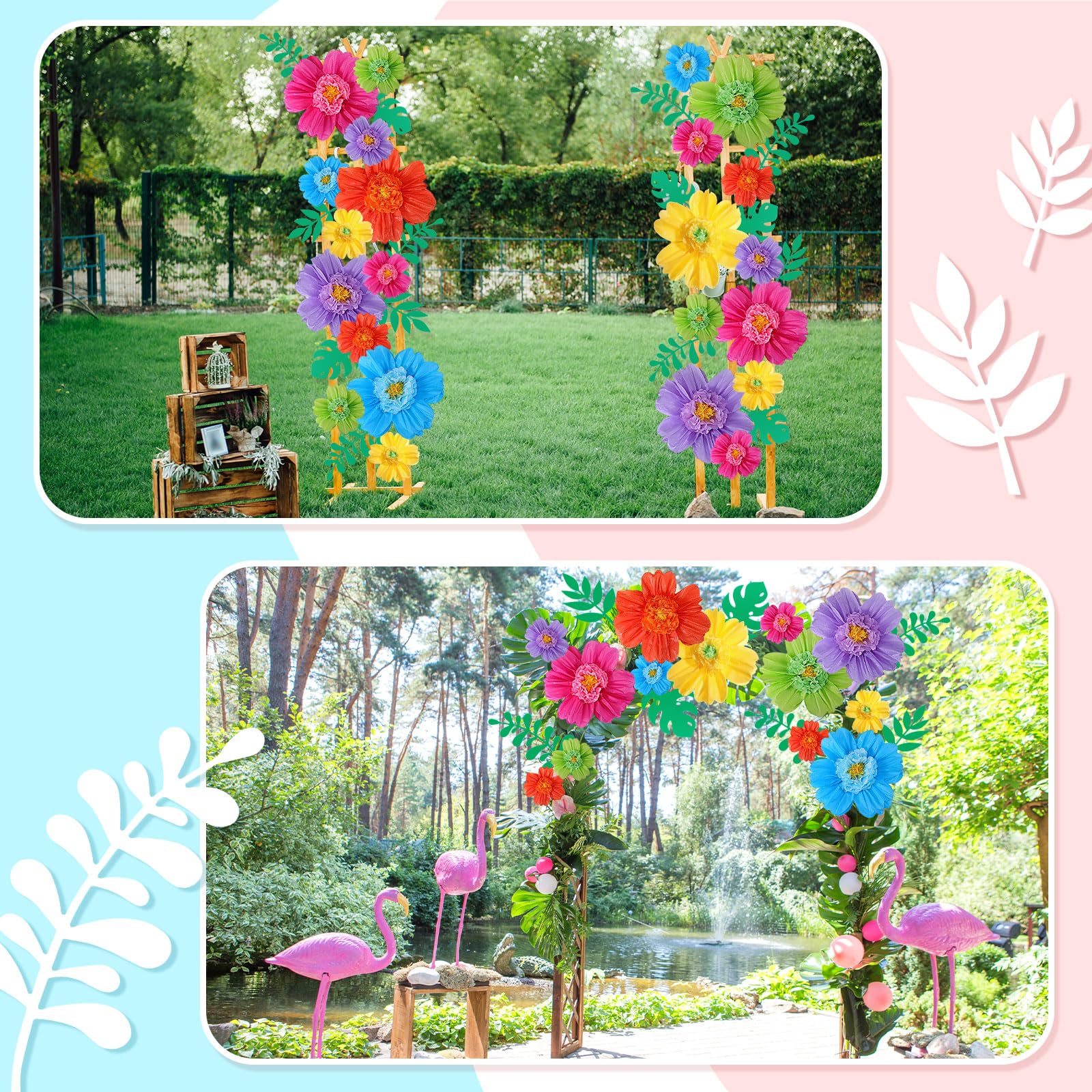 Crowye 12 flores de papel de seda coloridas grandes y hojas tropicales, flores de papel gigantes de 20 pulgadas, hojas tropicales para fiesta temática de la selva, boda, arco, fiesta mexicana,