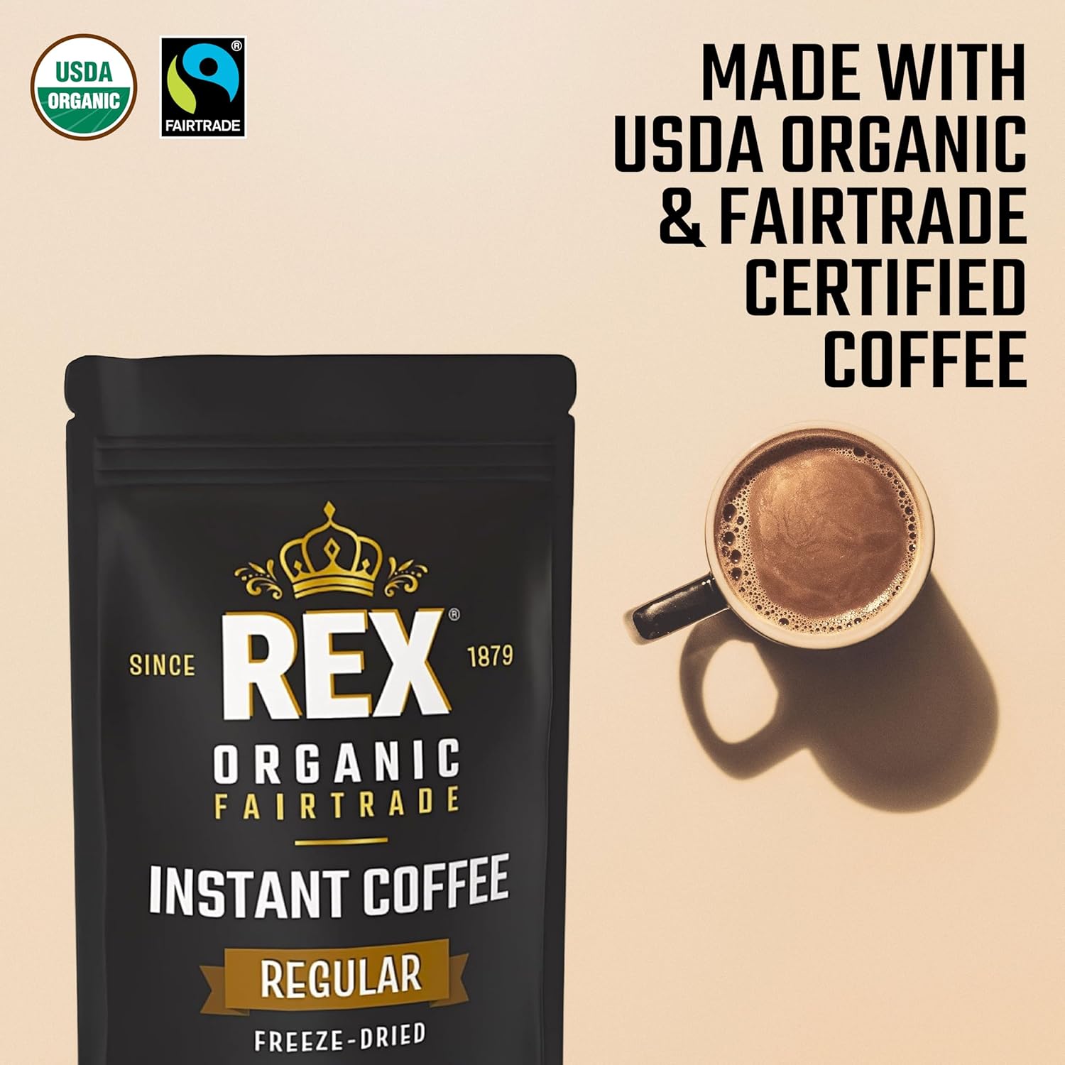Rex Coffee Organic Fairtrade Freeze-Dried Instant Coffee – Medium Roast Arabica, 7.05 oz (Pack of 2) Resealable Pouch Bag – Lab Tested for Mold, Mycotoxins, Heavy Metals, & Acrylamide