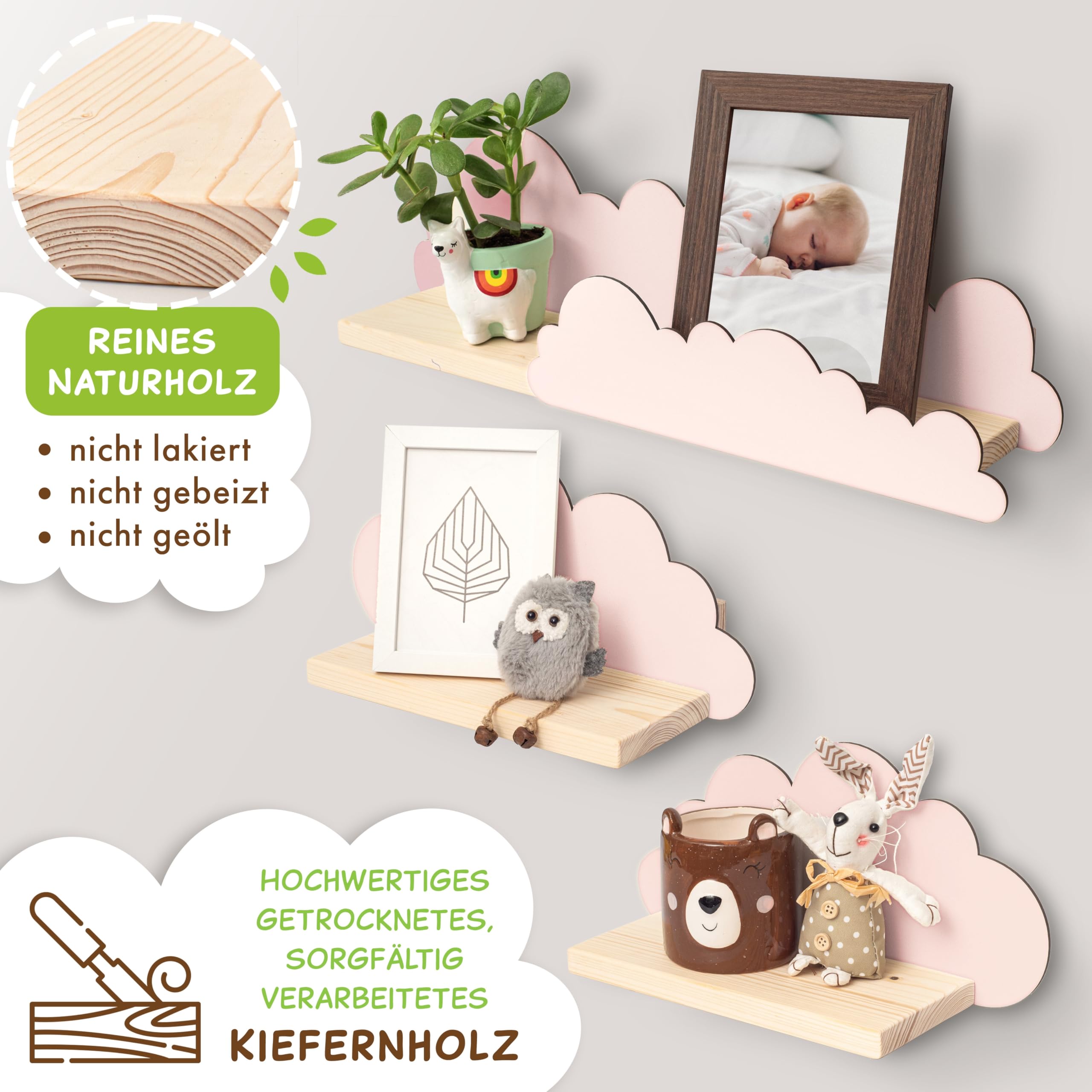 Outentin Wandregal Wolke aus Holz – 3er Set Kinderregal für Kinderzimmer & Babyzimmer – Handgefertigtes Holzregal aus Kiefer – Wandaufbewahrung & Deko für Spielzimmer, Bücher & Spielzeug - Rosa