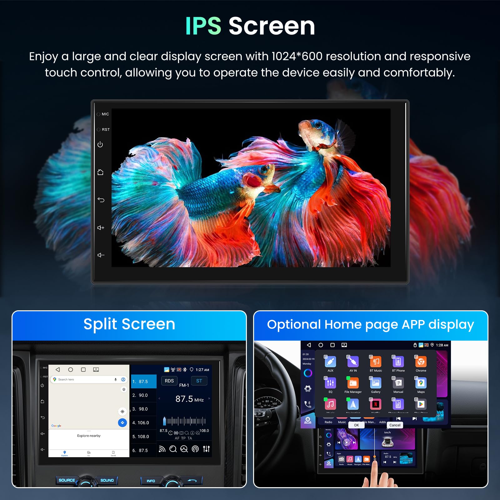 Hodozzy 4 GB + 64 GB Android 2 Din Radio samochodowe z funkcją Android Carplay Wireless Dual Din 7-calowy ekran dotykowy Radio Nawigacja samochodowa GPS WiFi Bluetooth DSP FM/RDS Radio USB/SWC + AHD
