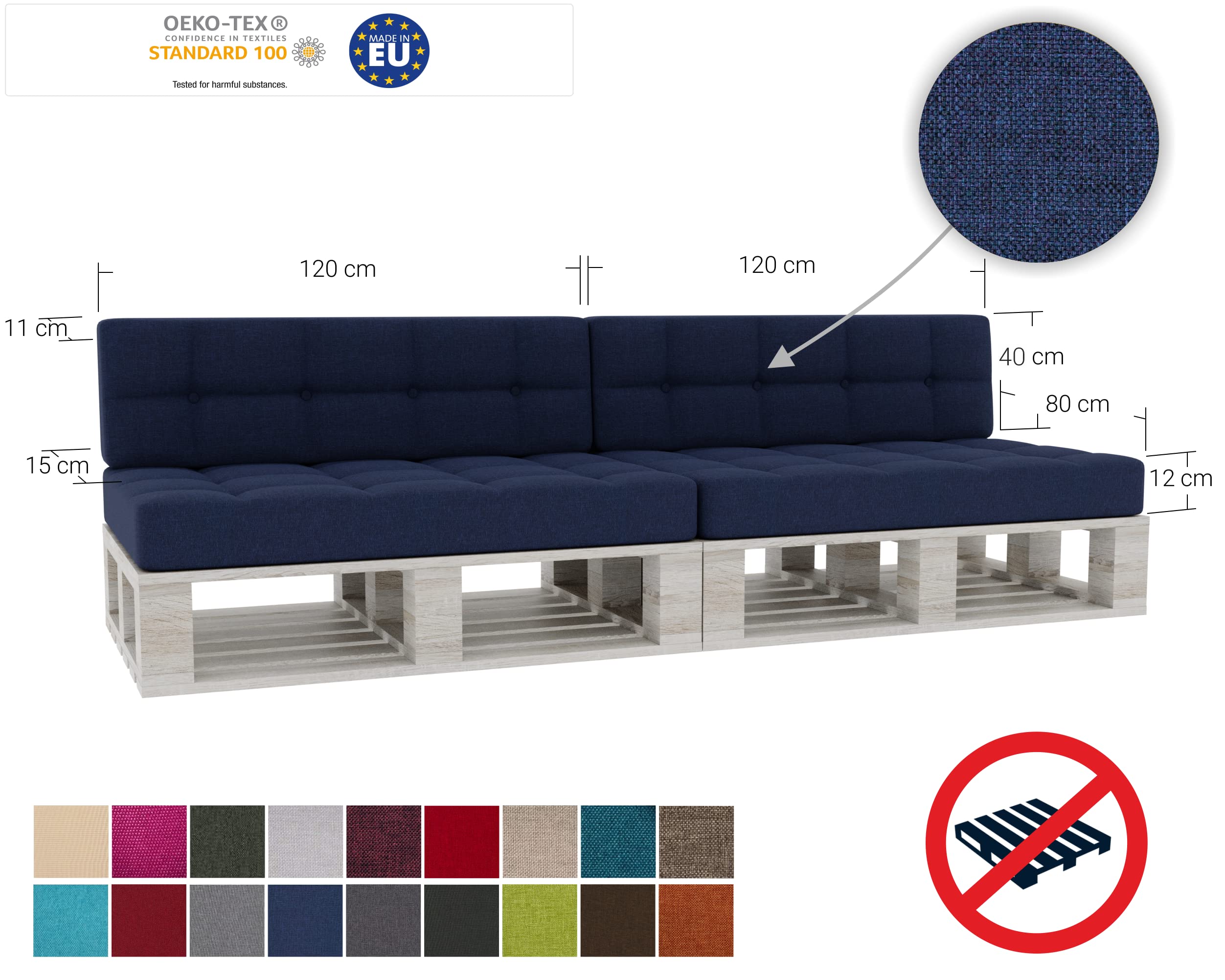 Gutekissen® Cuscini per pallet Cuscini trapuntati con bottoni, Cuscini per pallet trapuntato PFG 2xSet (Cuscino di seduta 120x80 +Schienale 120x40), Navy Blau