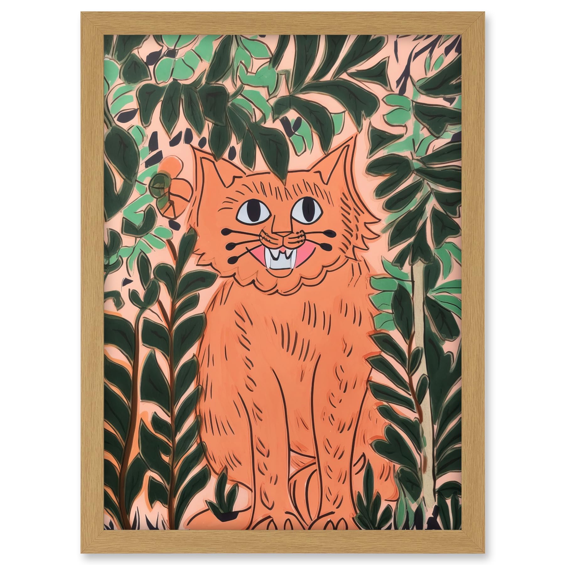 Artery8 Ginger Orange Tabby Cat in Plants Modern Folk Art Artwork Framed A3 Wall Art Print
