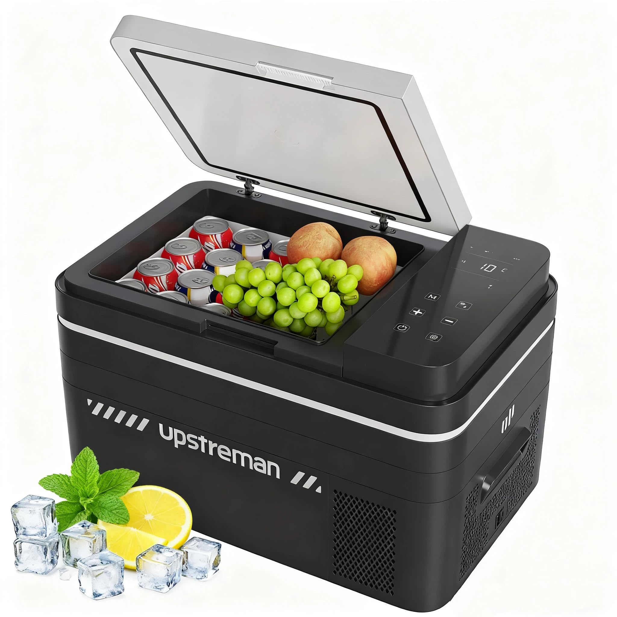 Upstreman 30L Frigorifero Portatile a Compressione, 12/24V & 220V Frigo per Auto, -20℃~20℃ Frigorifero Portatile Con LED, Mini Frigo per Auto, Camion, Campeggio, Nero, AR30