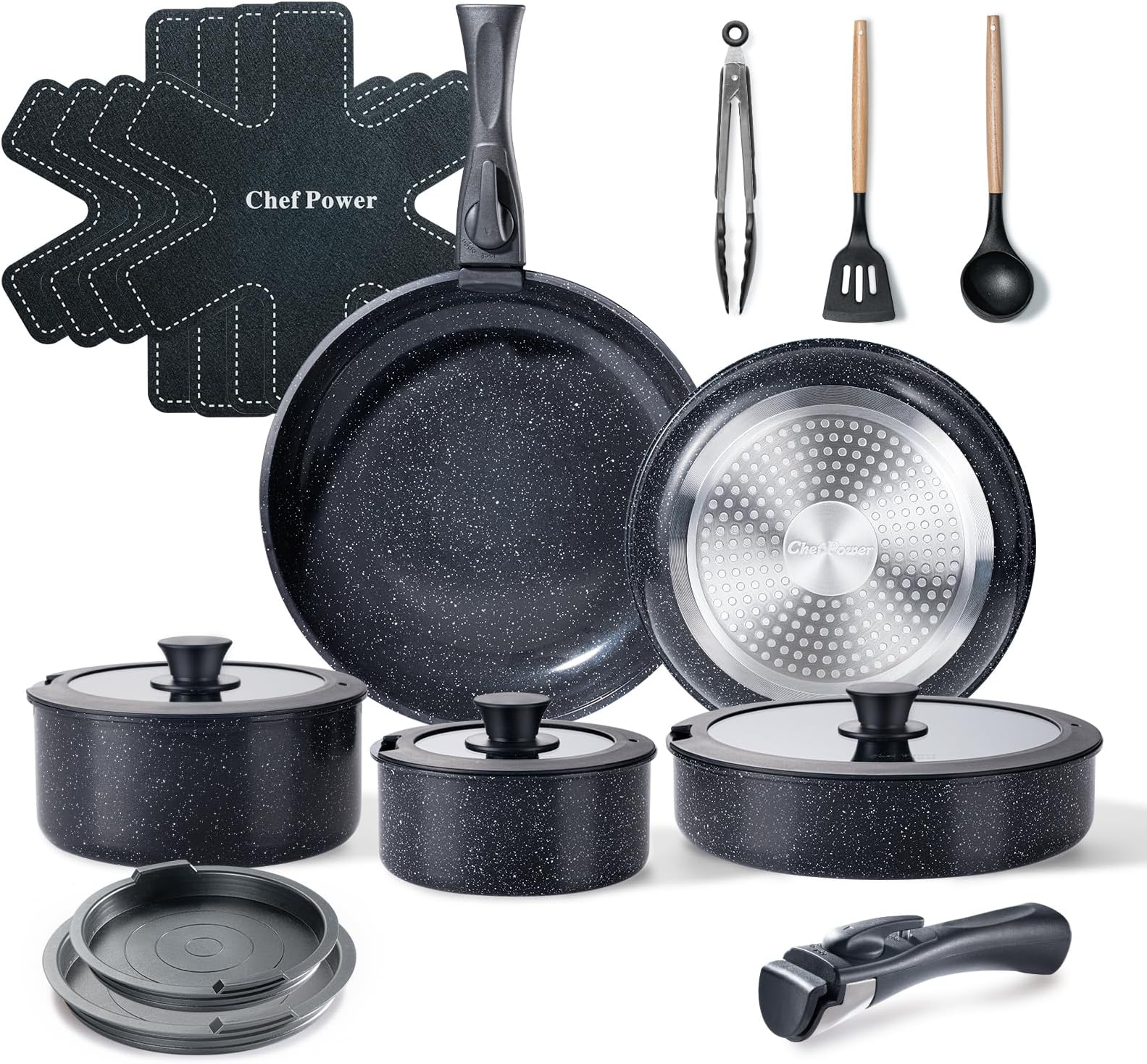 Chef Power Ceramic Nonstick Cookware Set 19 Piece with Detachable Handle, Induction Dishwasher Oven Safe Pans and Pots Set, RV Kicthen Set Removable Handle, Rock Stone Black