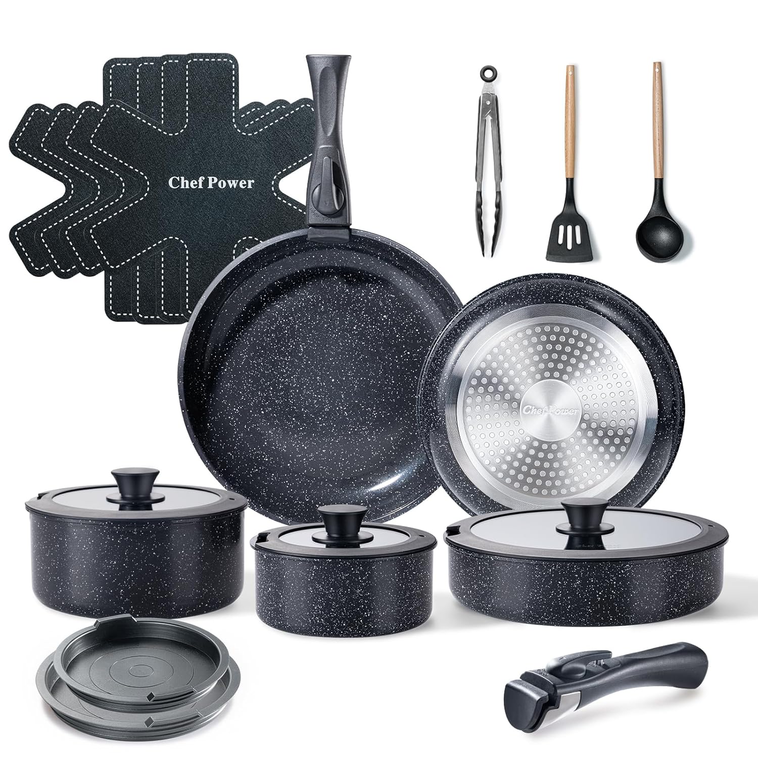 Chef Power Ceramic Nonstick Cookware Set 19 Piece with Detachable Handle Induction Dishwasher Oven Safe Pans and Pots