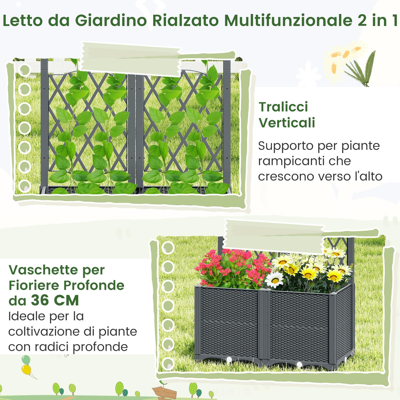 COSTWAY Letto da Giardino Elevato con Trellis a Lattice, Fioriera Autoinnaffiata per Piante Rampicanti, Fiori e Verdure, Fioriera Verticale da Interni e Esterni (Grigio,80 x 40 x 140 cm)