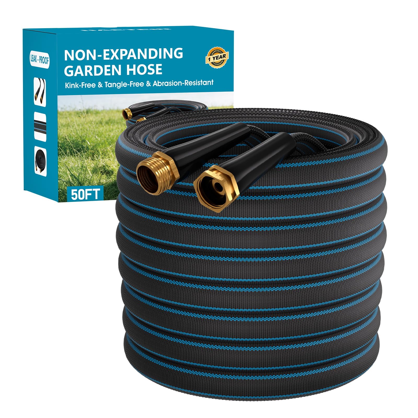 15,2 m langer, nicht dehnbarer Gartenschlauch, leicht und knickfrei, flexibler robuster Wasserschlauch für Rasen, Hof, Autowäsche (1,9 cm massive Messingbeschläge, knautschfest)-08