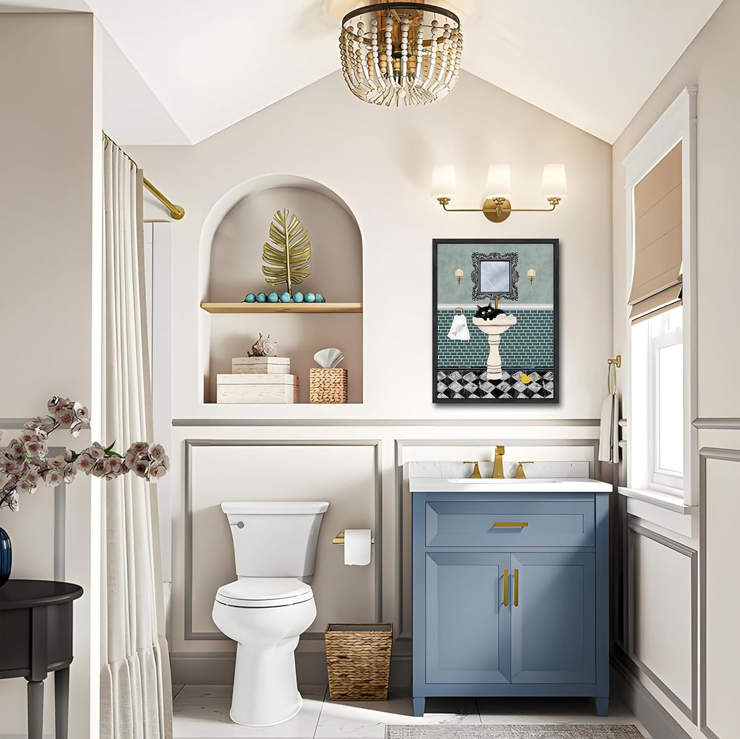 3Pcs Funny Bathroom Black Cat Canvas Wall Art Vintage Cat Taking Bath Reading Newspaper Poster Print Modern Blue Bathroom Decor Pictures Painting for Toilet Laundry Room Artwork Decorations Unframed - Image 3