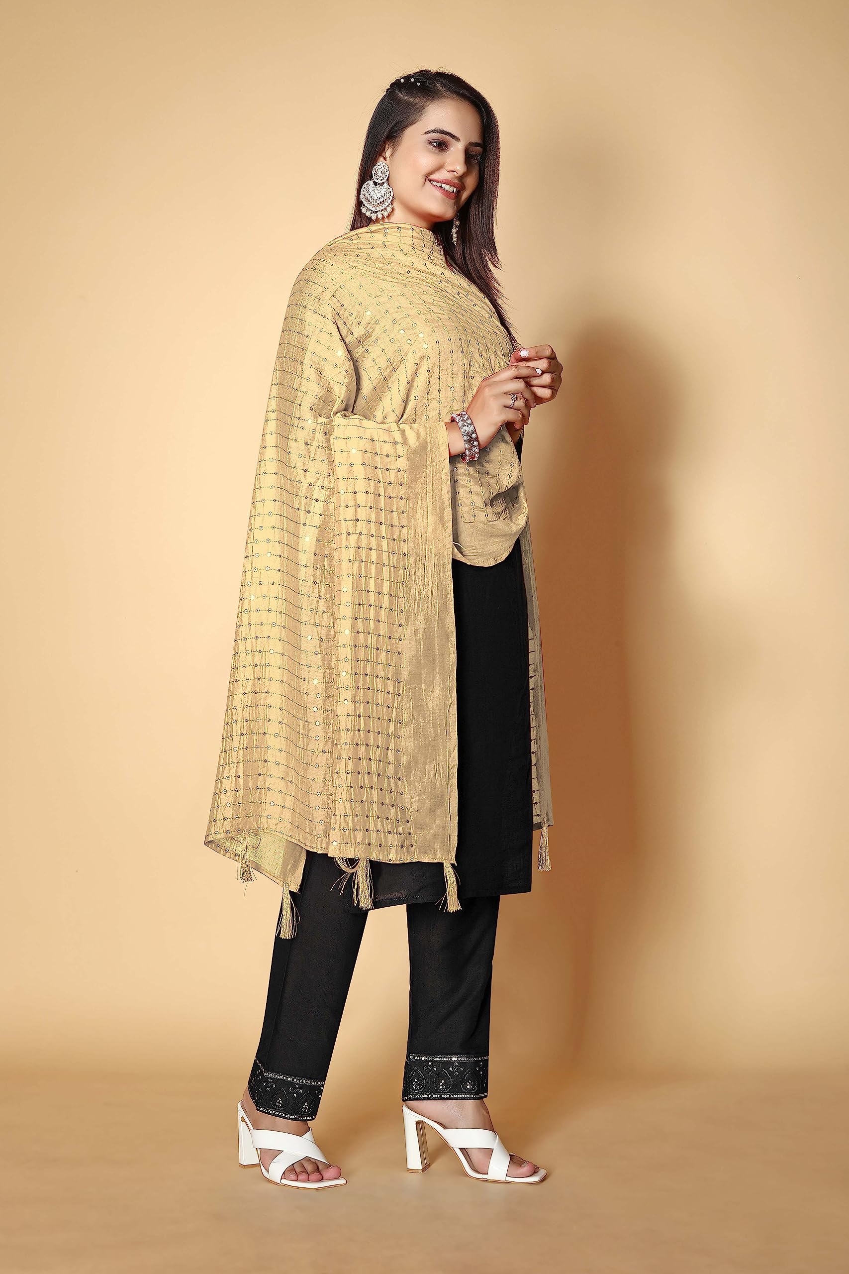 KEMZA Women's Embroidered Mirror Cotton Dupatta (Gold_Free size) with Rajasthani Aari Work - Image 2 thumbnail